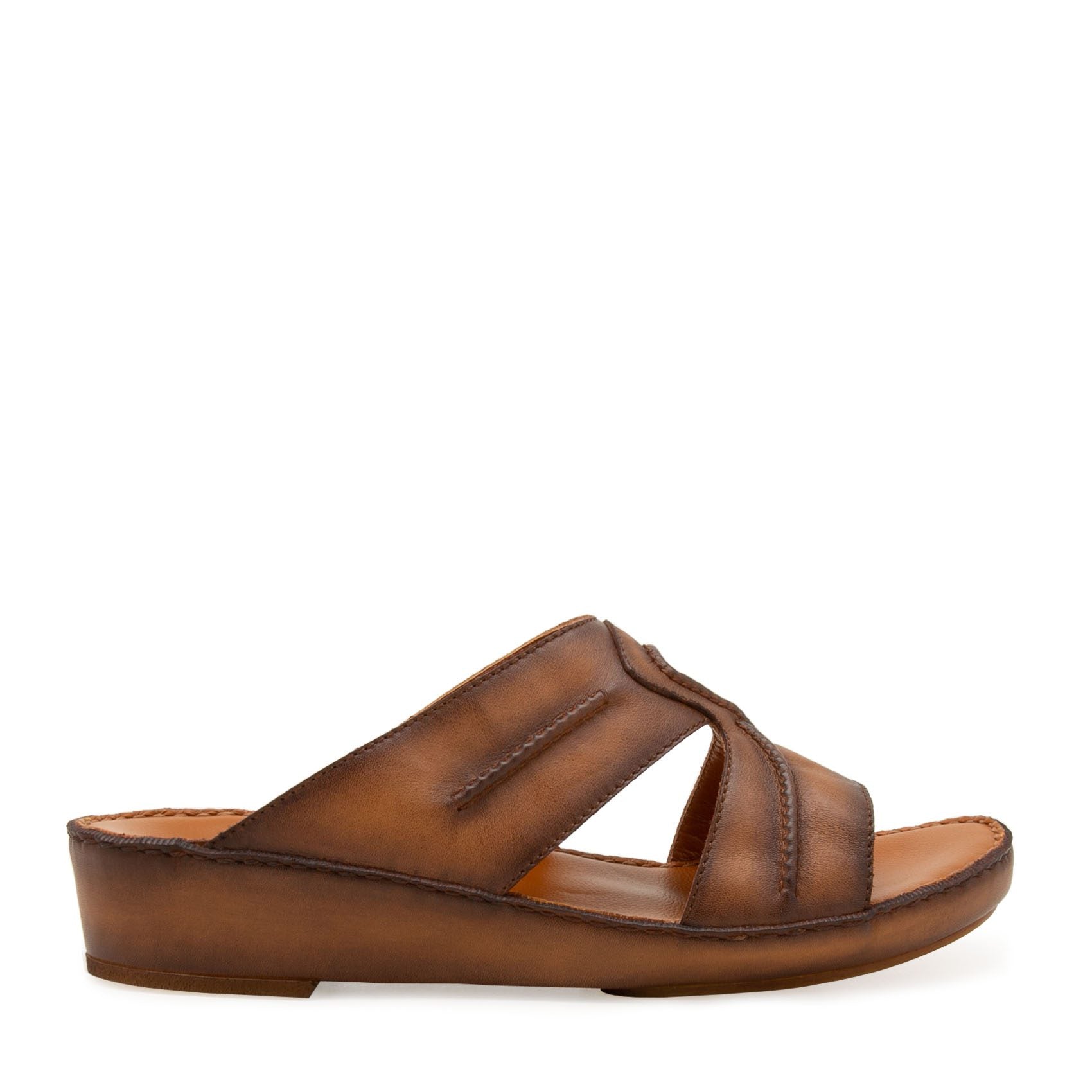 Brown leather slip-on sandal from Peninsula Laceto footwear with cushioned sole and open toe design