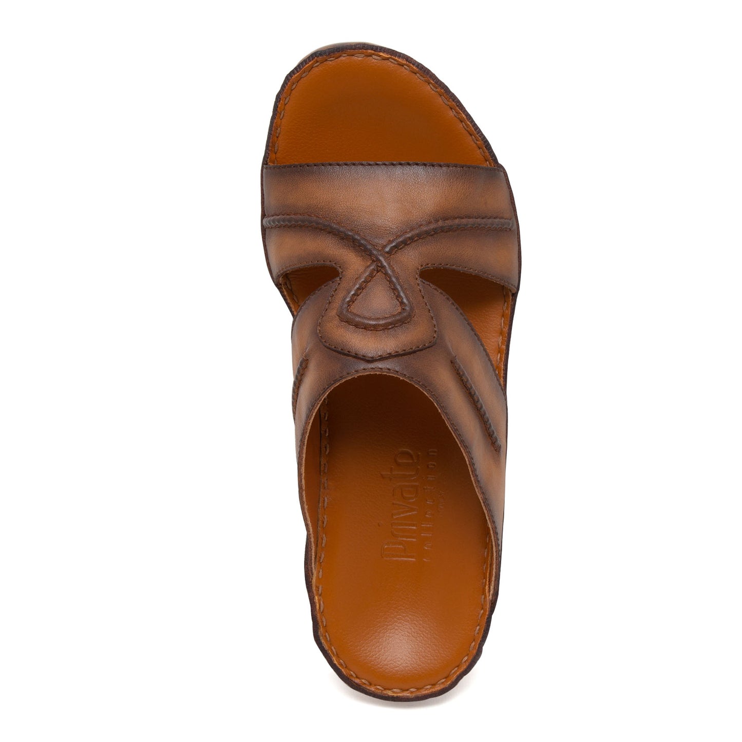 Top view of brown leather Peninsula Laceto footwear slide sandal with detailed stitching and cushioned sole