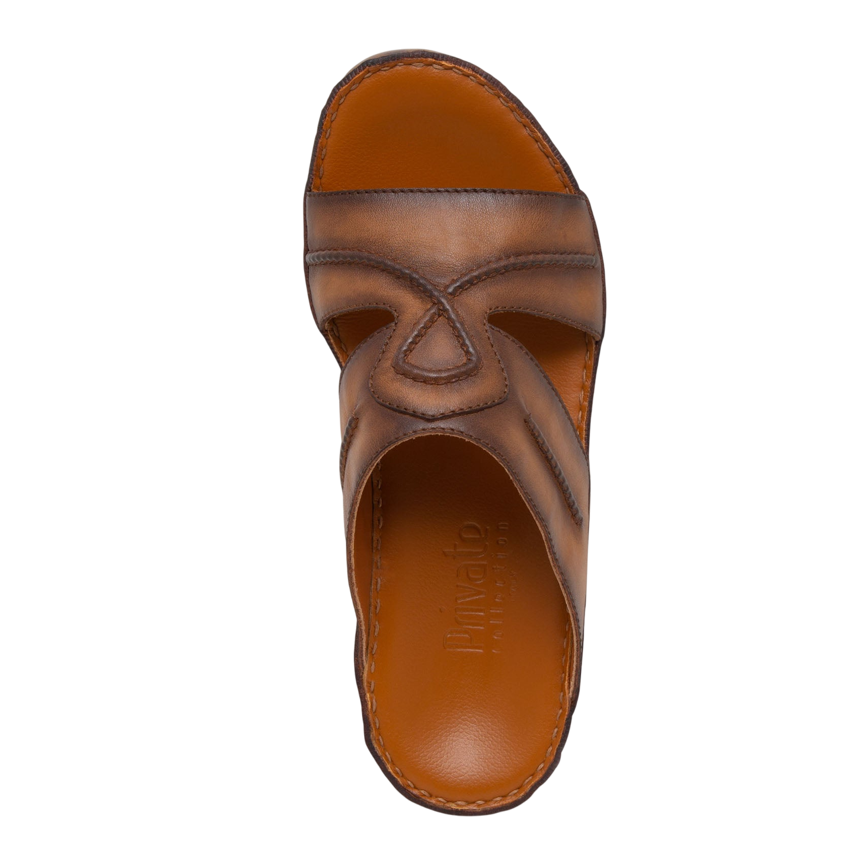 Top view of brown leather Peninsula Laceto footwear slide sandal with detailed stitching and cushioned sole