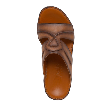 Top view of brown leather Peninsula Laceto footwear slide sandal with detailed stitching and cushioned sole