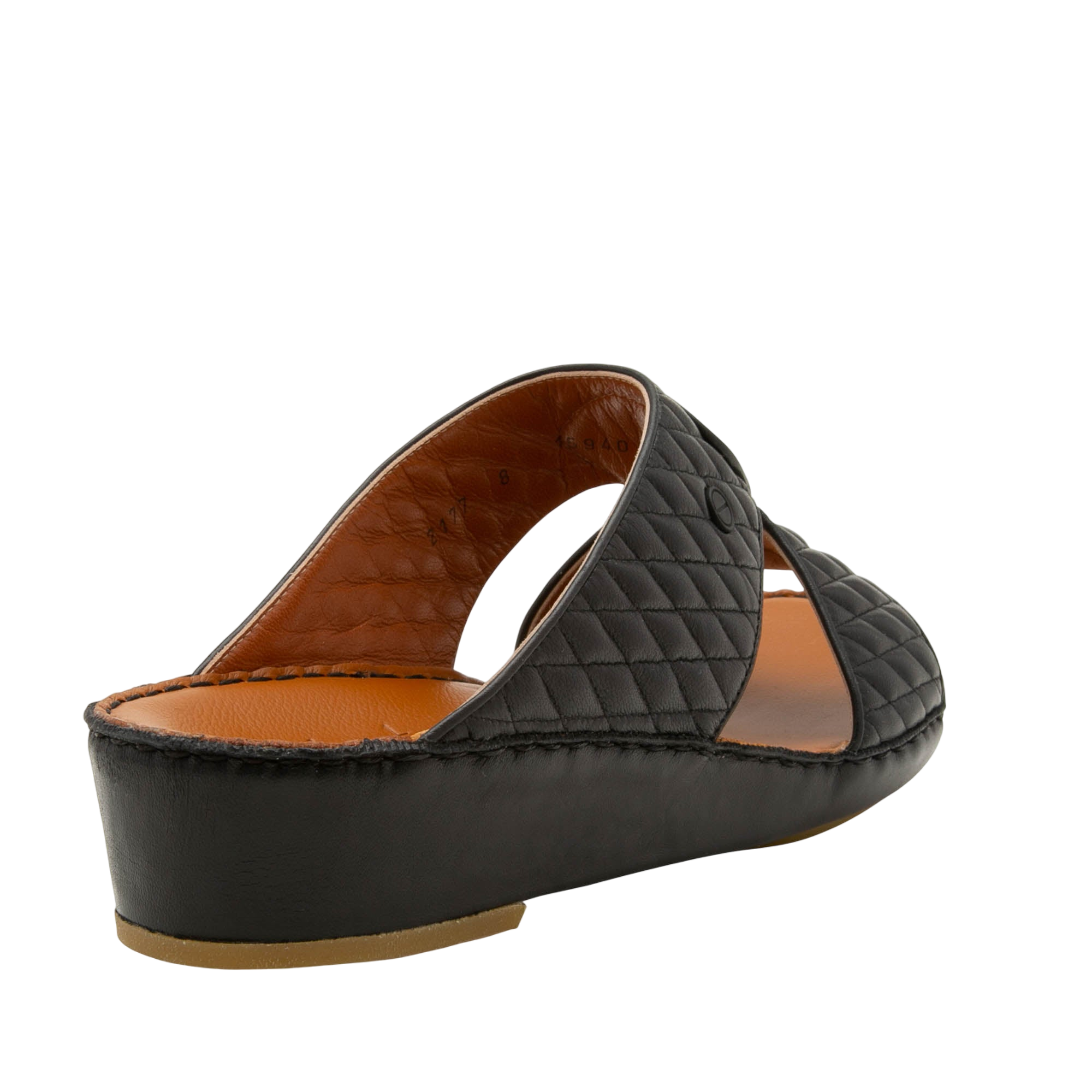 Black Peninsula Lamb Matelasse sandals with quilted leather straps and cushioned tan insole