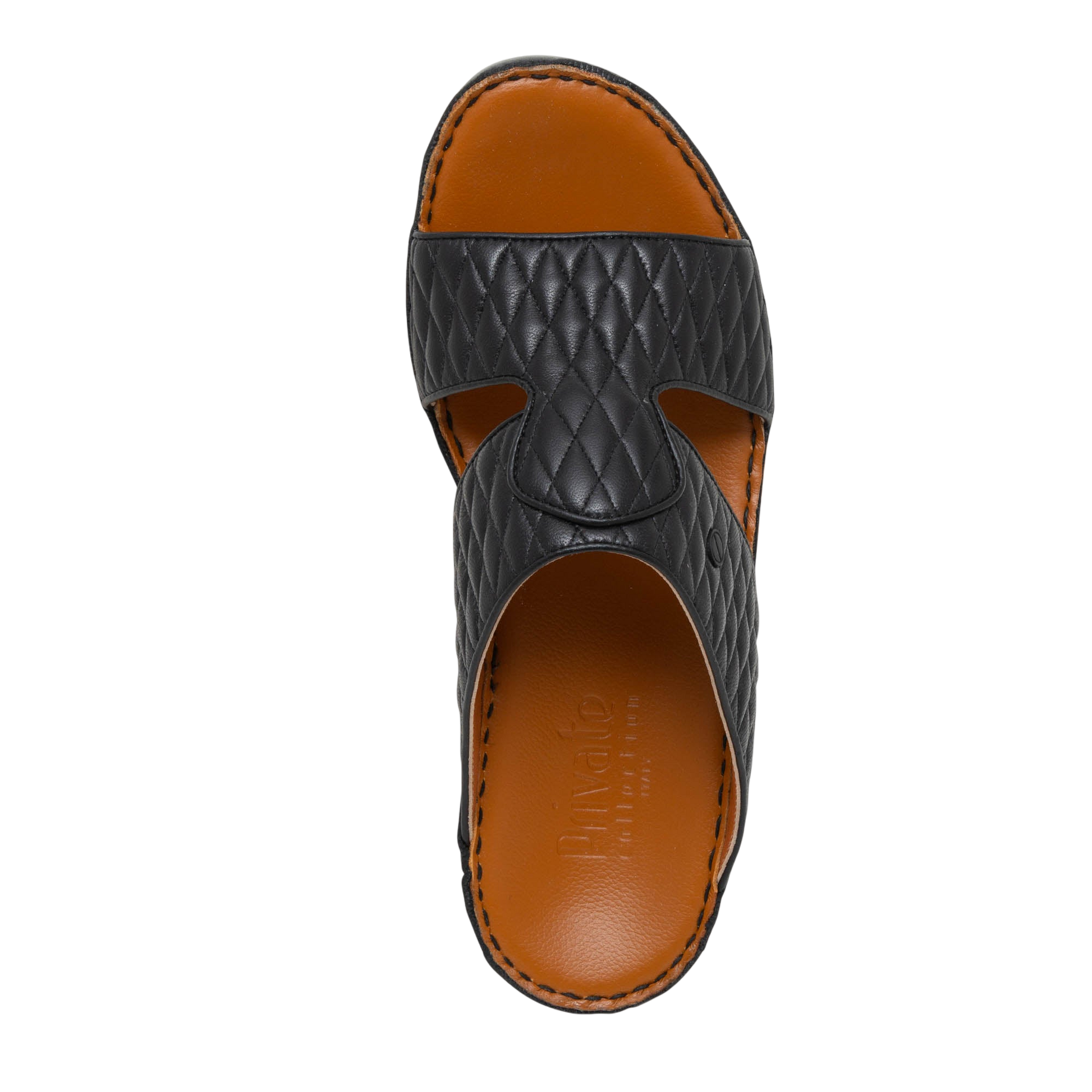 Black leather Peninsula Lamb Matelasse sandals with quilted design and brown cushioned footbed