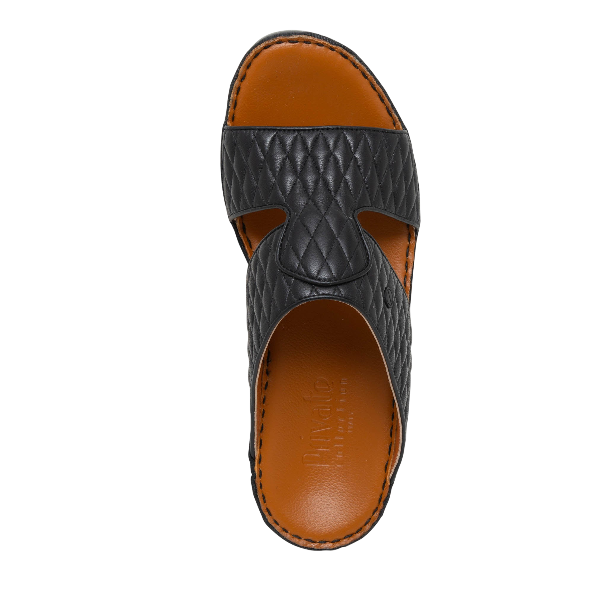 Black leather Peninsula Lamb Matelasse sandals with quilted design and brown cushioned footbed