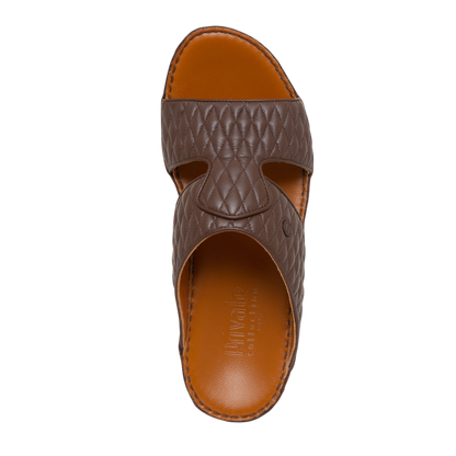 Brown Peninsula Lamb Matelasse sandals with quilted leather upper and tan cushioned footbed