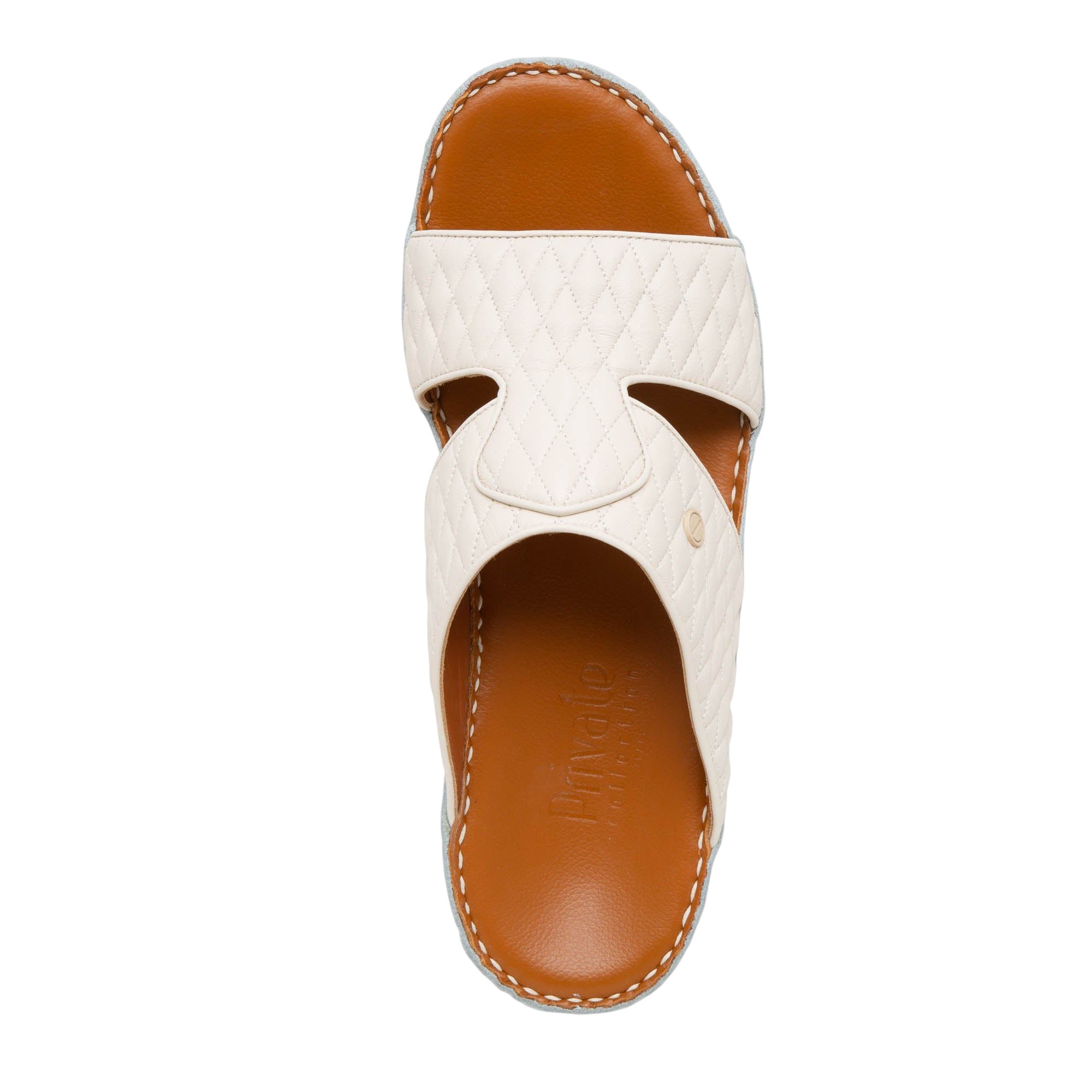 White Peninsula Lamb Matelasse sandals with quilted upper and brown cushioned footbed