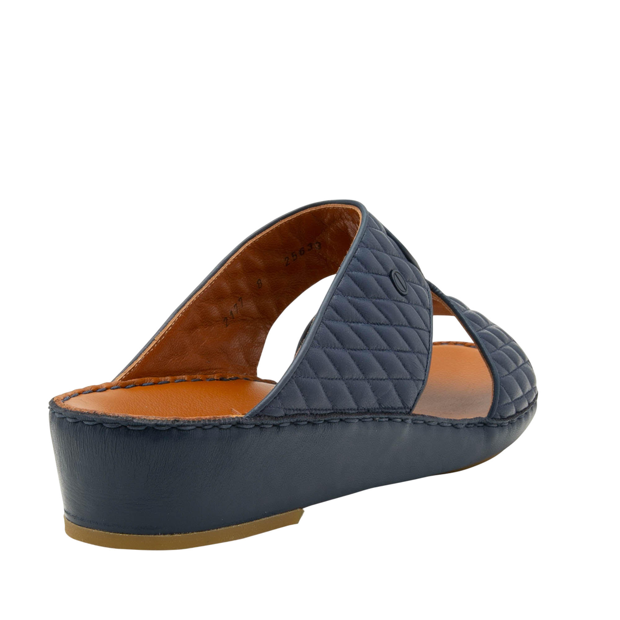 Navy Peninsula Lamb Matelasse sandals with quilted straps and cushioned brown footbed