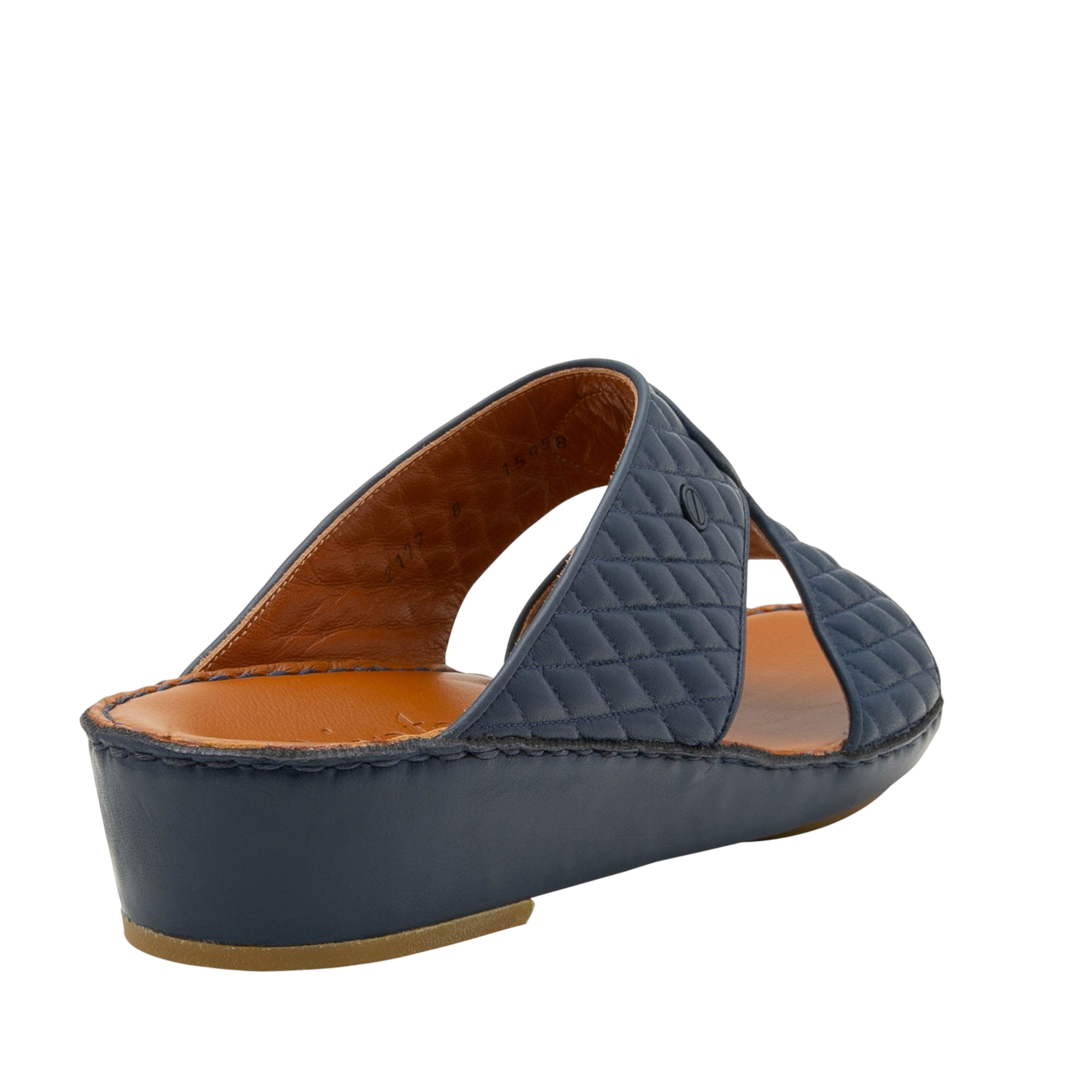 Navy blue Peninsula Lamb Matelasse sandals with quilted design and low wedge heel