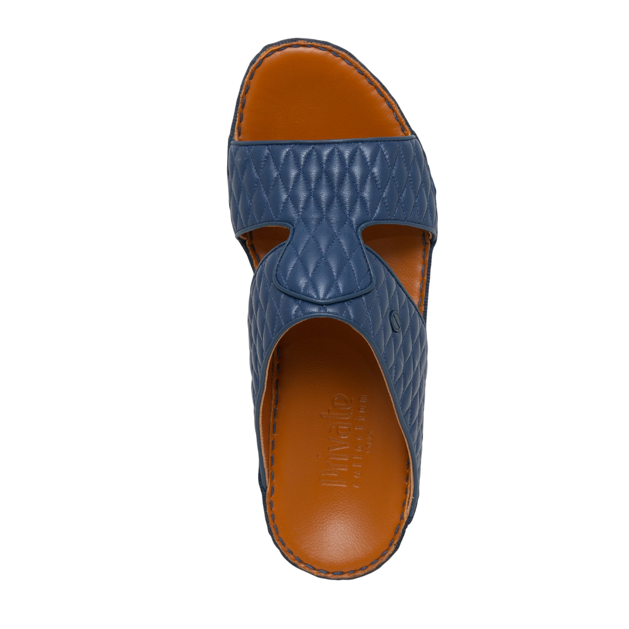 Blue Peninsula Lamb Matelasse sandals with quilted leather design and brown cushioned footbed