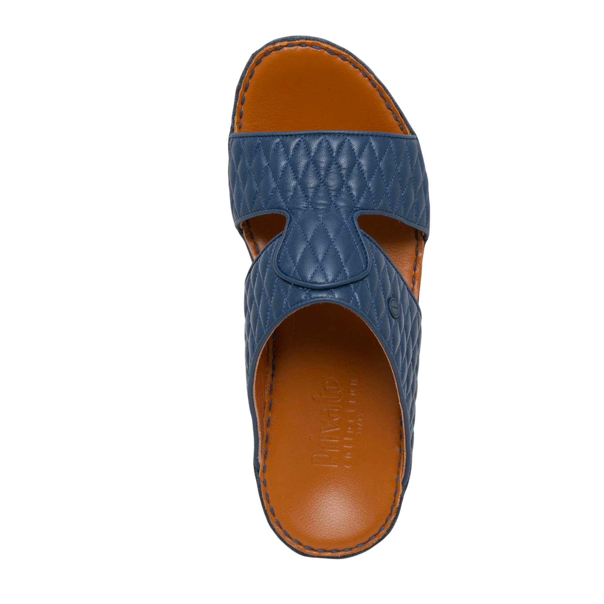 Blue Peninsula Lamb Matelasse sandals with quilted leather upper and brown cushioned footbed