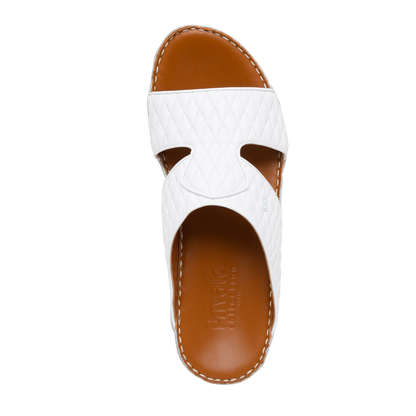White Peninsula Lamb Matelasse sandals with quilted leather upper and brown cushioned footbed
