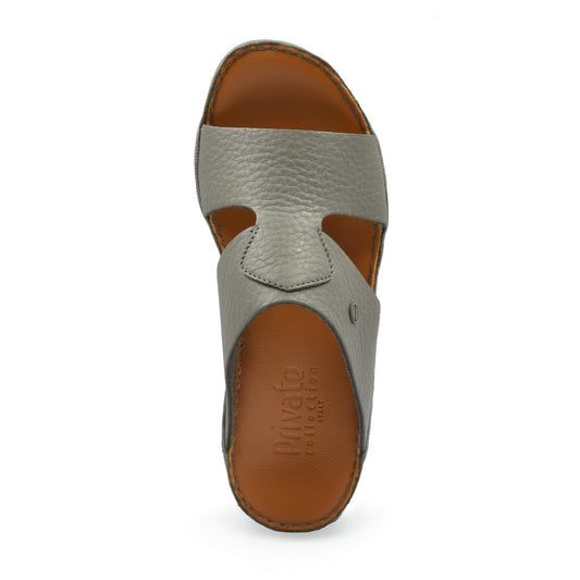 Top view of grey Peninsula Nouvo Deercalf sandals with brown insole from Private collection