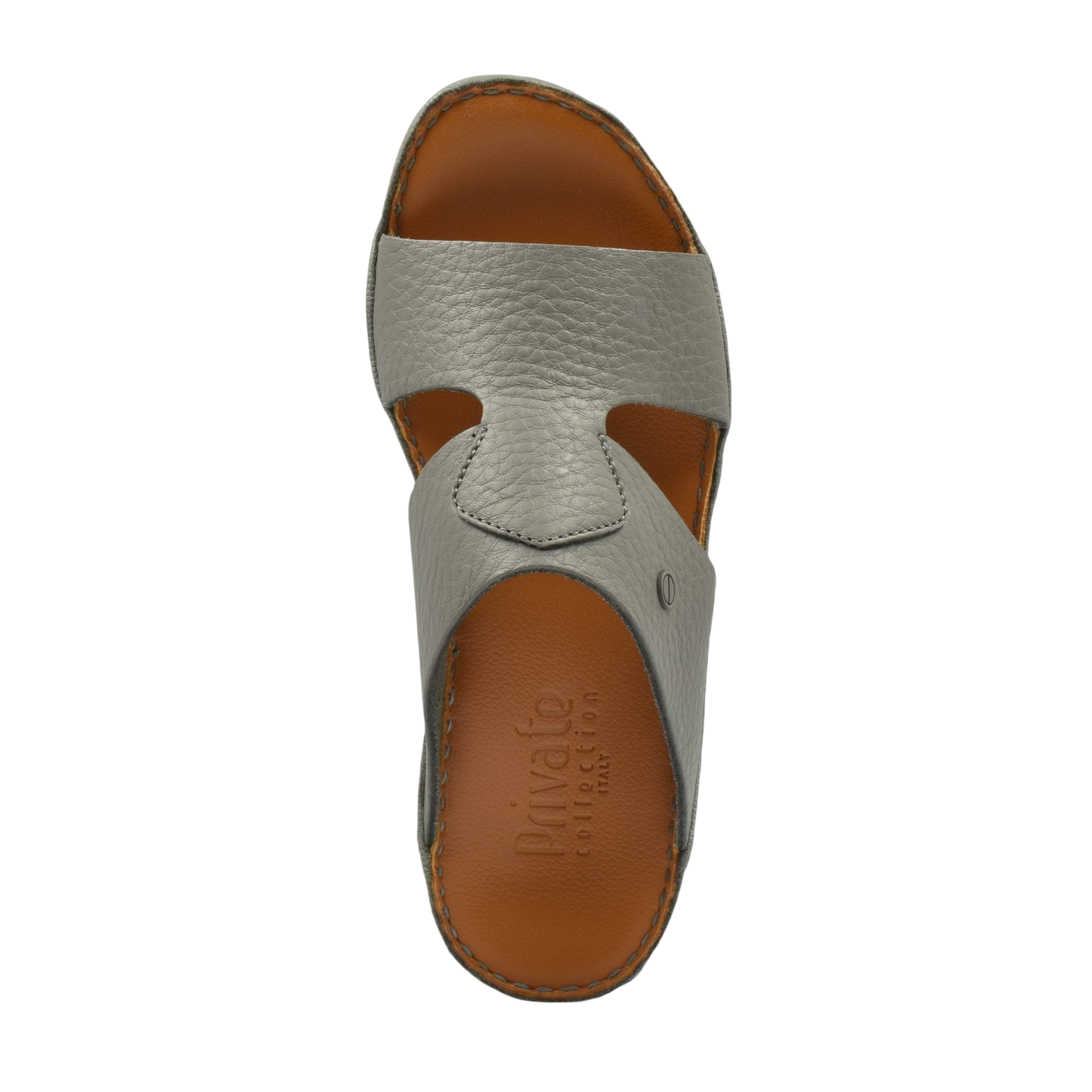 Top view of grey Peninsula Nouvo Deercalf sandals with brown insole from Private collection