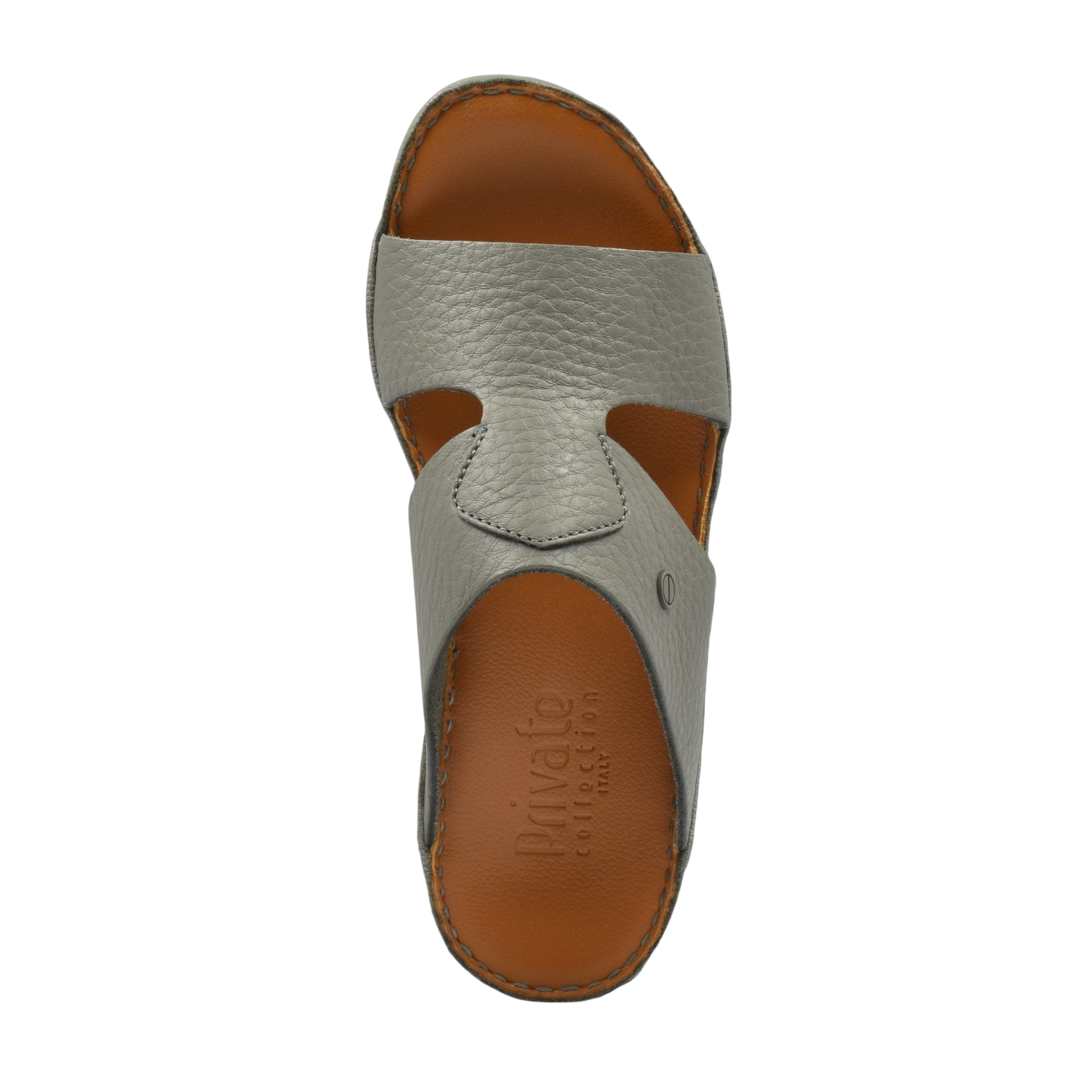 Top view of grey Peninsula Nouvo Deercalf sandals with brown insole from Private collection