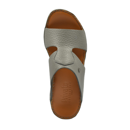 Top view of grey Peninsula Nouvo Deercalf sandals with brown insole from Private collection