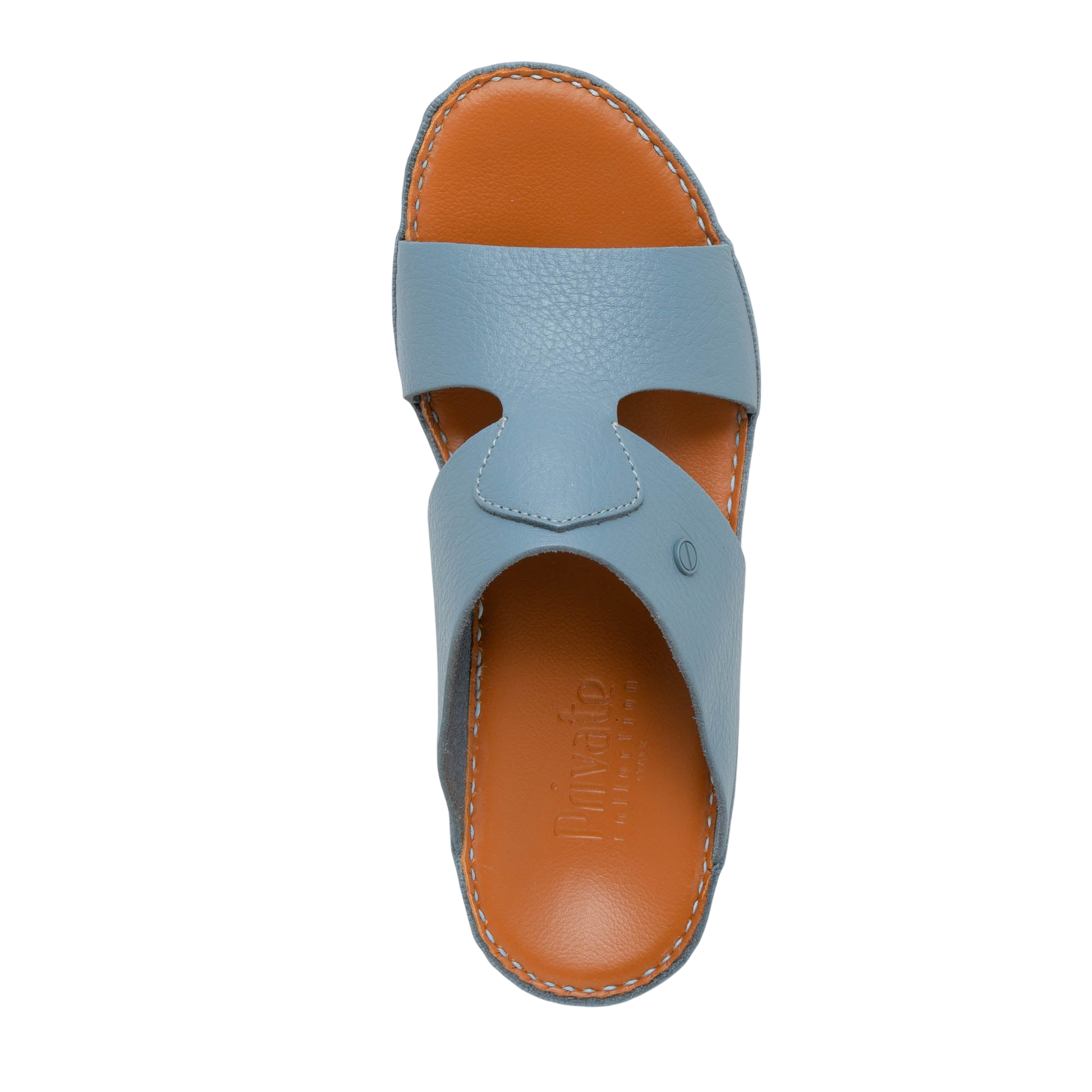 Top view of Peninsula Nouvo Deercalf sandals in light blue with brown cushioned sole