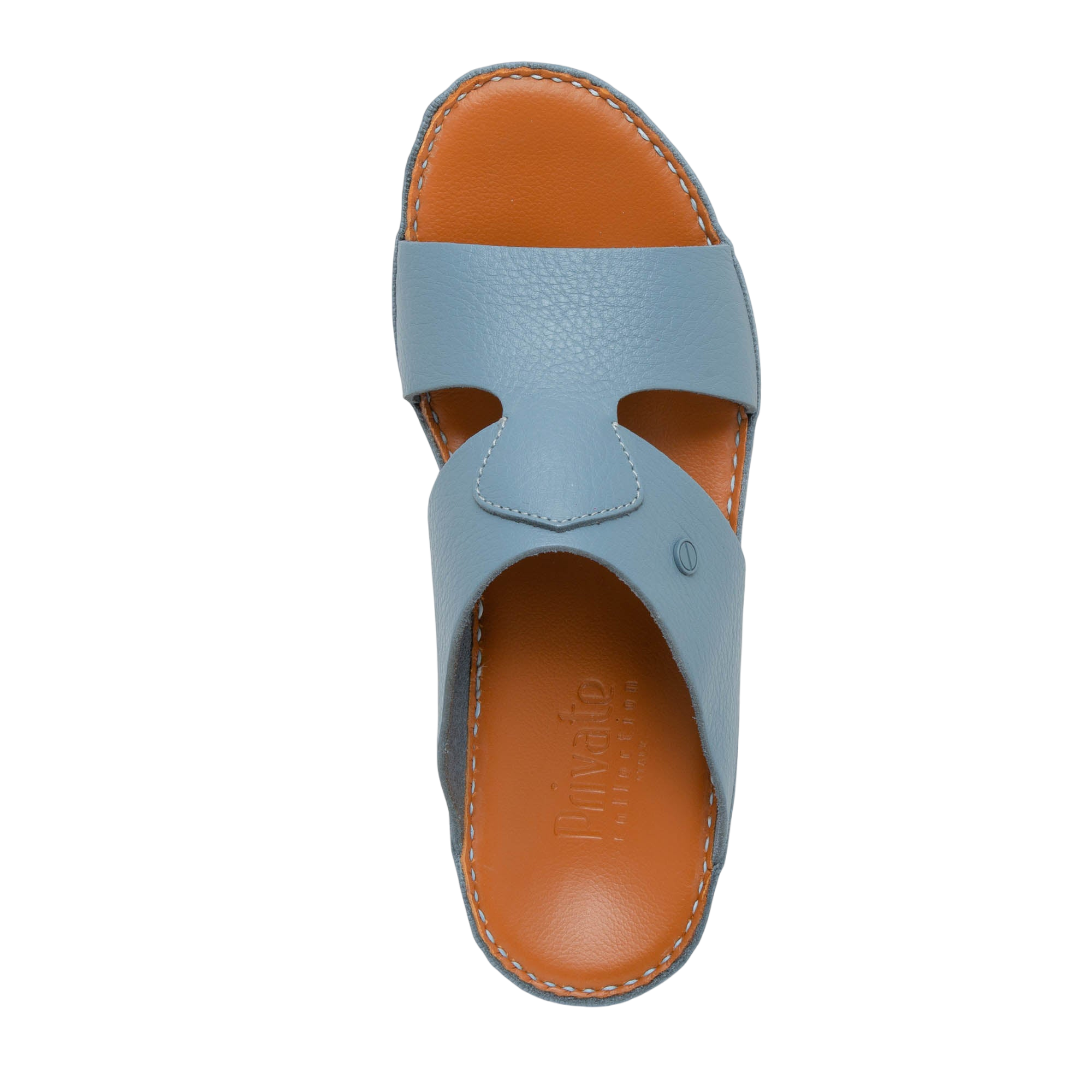 Top view of Peninsula Nouvo Deercalf sandals in light blue with brown cushioned sole