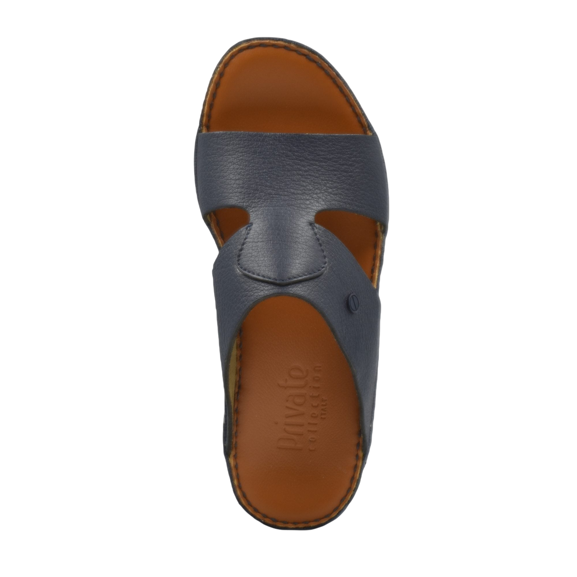 Top view of blue Peninsula Nouvo Deercalf sandals with brown insole and stitched detailing