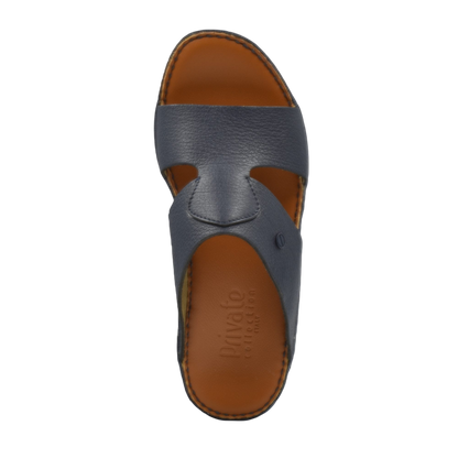 Top view of blue Peninsula Nouvo Deercalf sandals with brown insole and stitched detailing