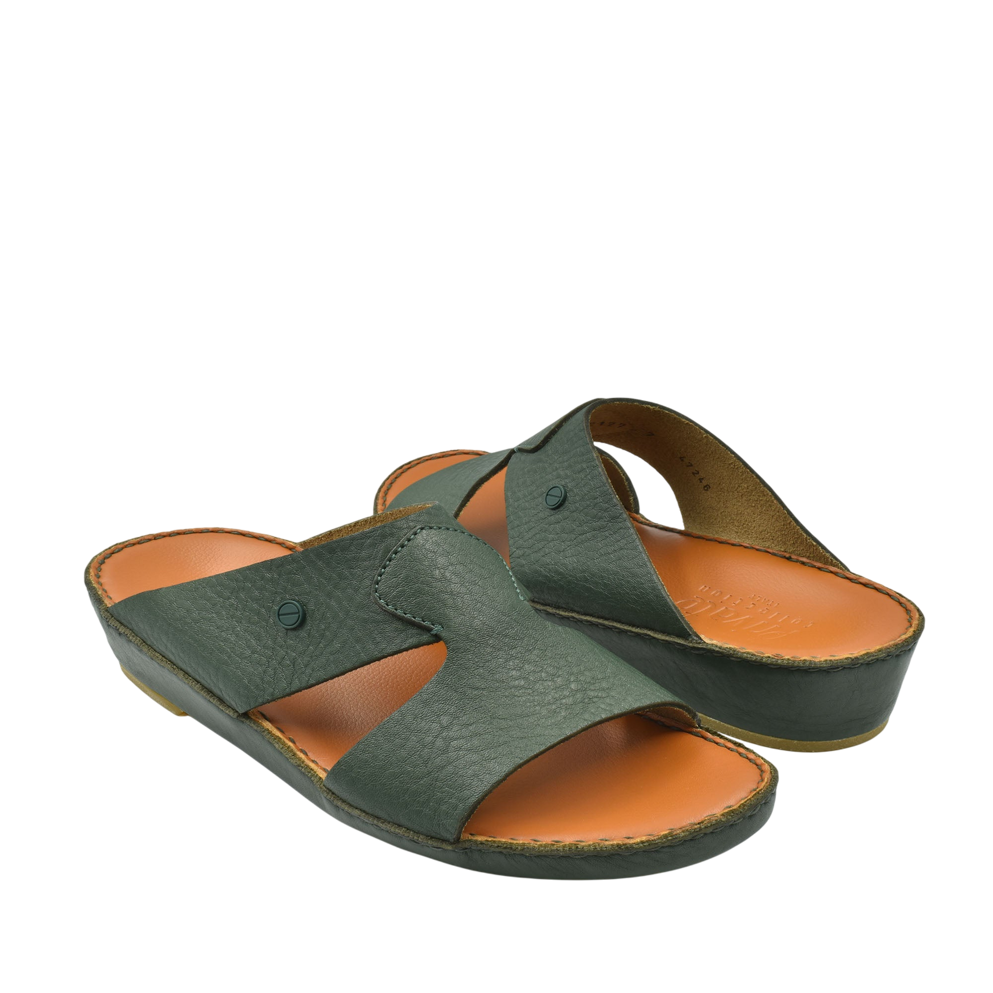 Pair of Peninsula Nouvo Deercalf sandals in dark green leather with tan cushioned footbed for comfortable wear