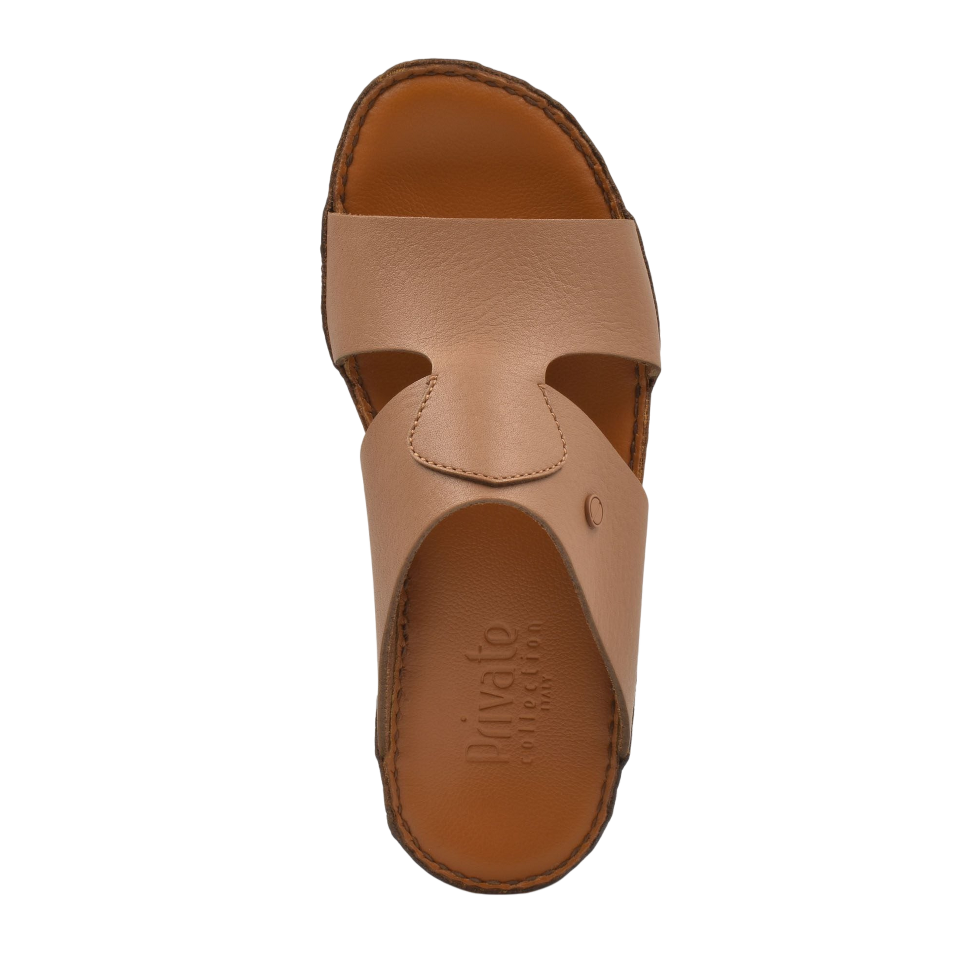 Top view of tan Peninsula Nouvo Deercalf sandals with wide leather strap and stitched sole
