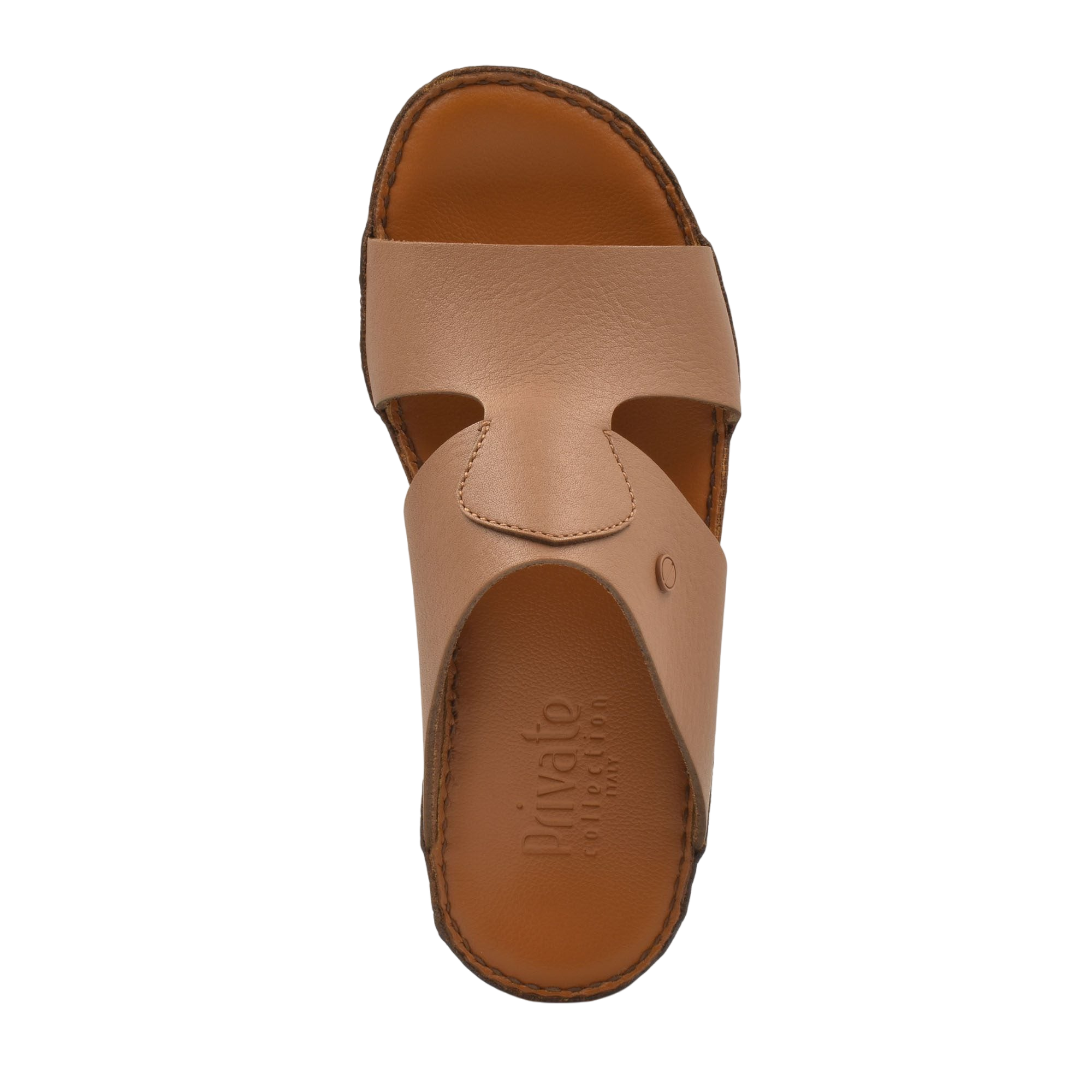 Top view of tan Peninsula Nouvo Deercalf sandals with wide leather strap and stitched sole