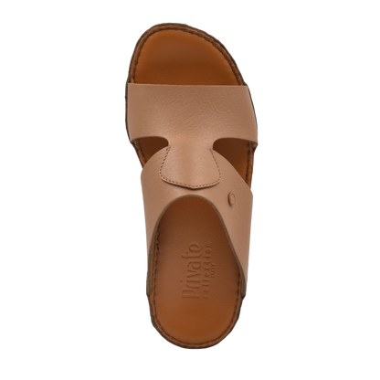 Top view of tan Peninsula Nouvo Deercalf sandals with wide leather strap and stitched sole