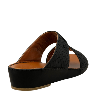 Black Peninsula Trecce sandals with woven leather design and cushioned sole for comfort