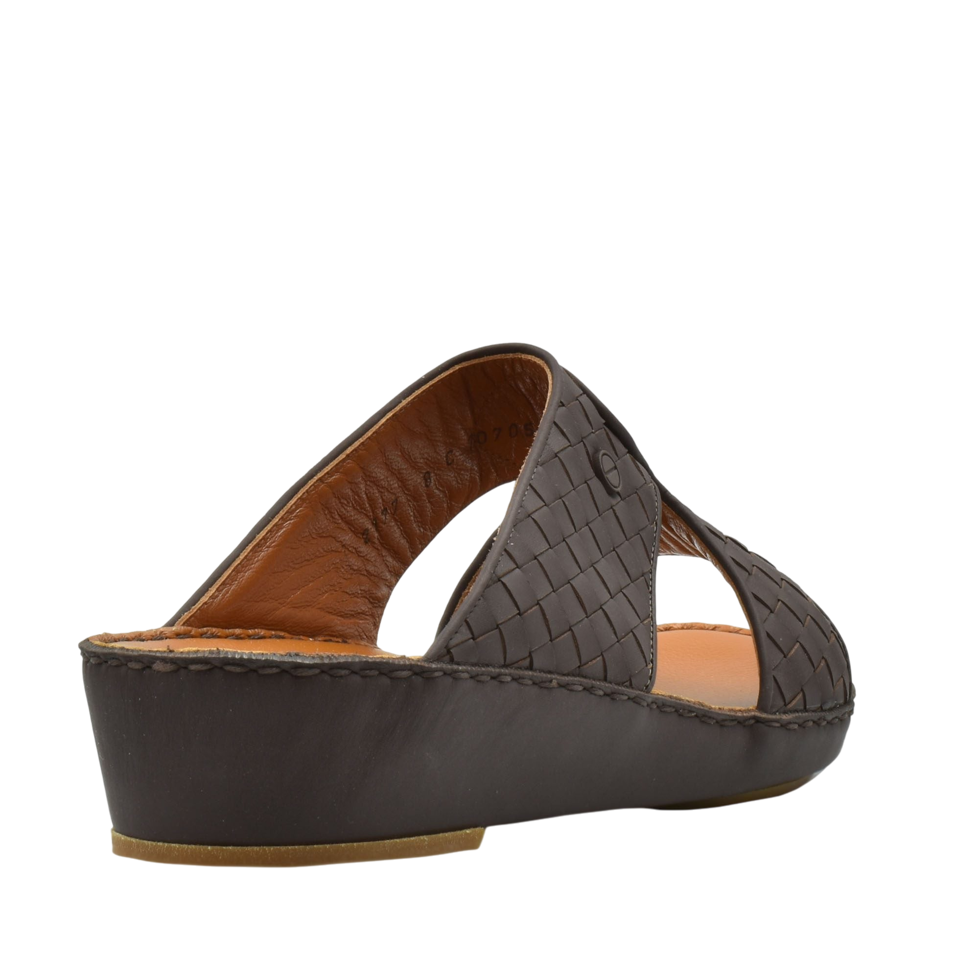 Brown woven leather Peninsula Trecce sandals with low wedge heel and open toe design