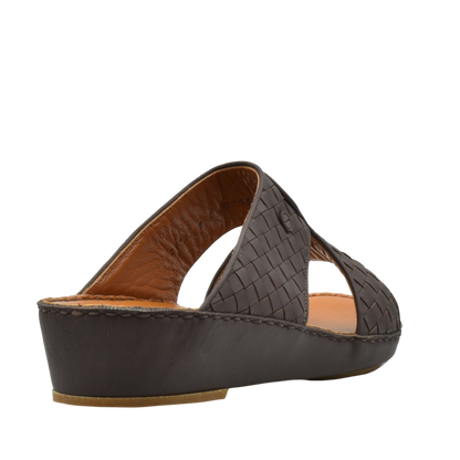 Brown woven leather Peninsula Trecce sandals with low wedge heel and open toe design