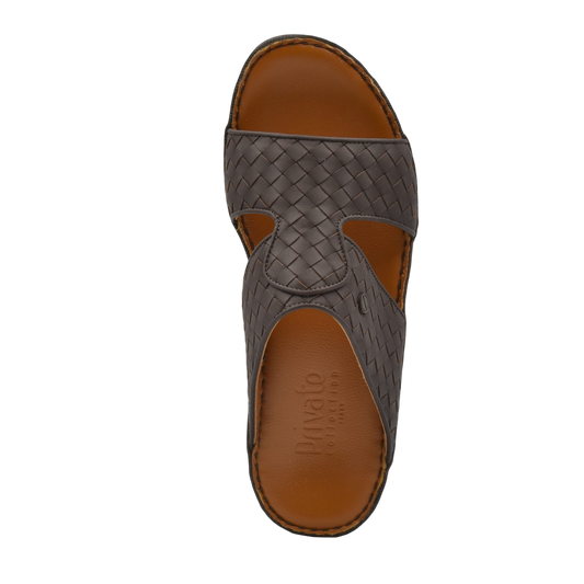 Brown woven leather Peninsula Trecce sandals with open toe and cushioned footbed