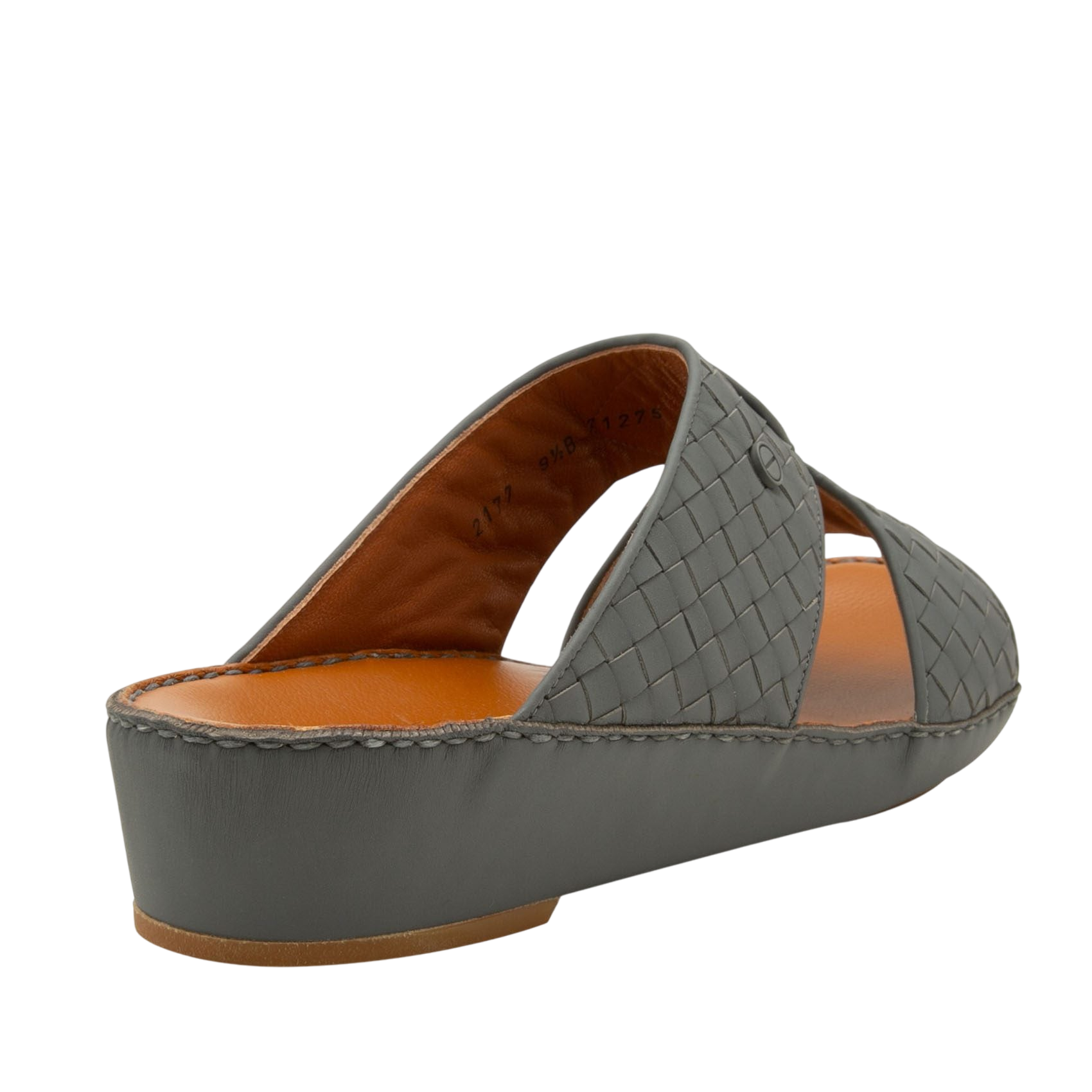 Gray Peninsula Trecce sandals with woven leather straps and cushioned brown insole