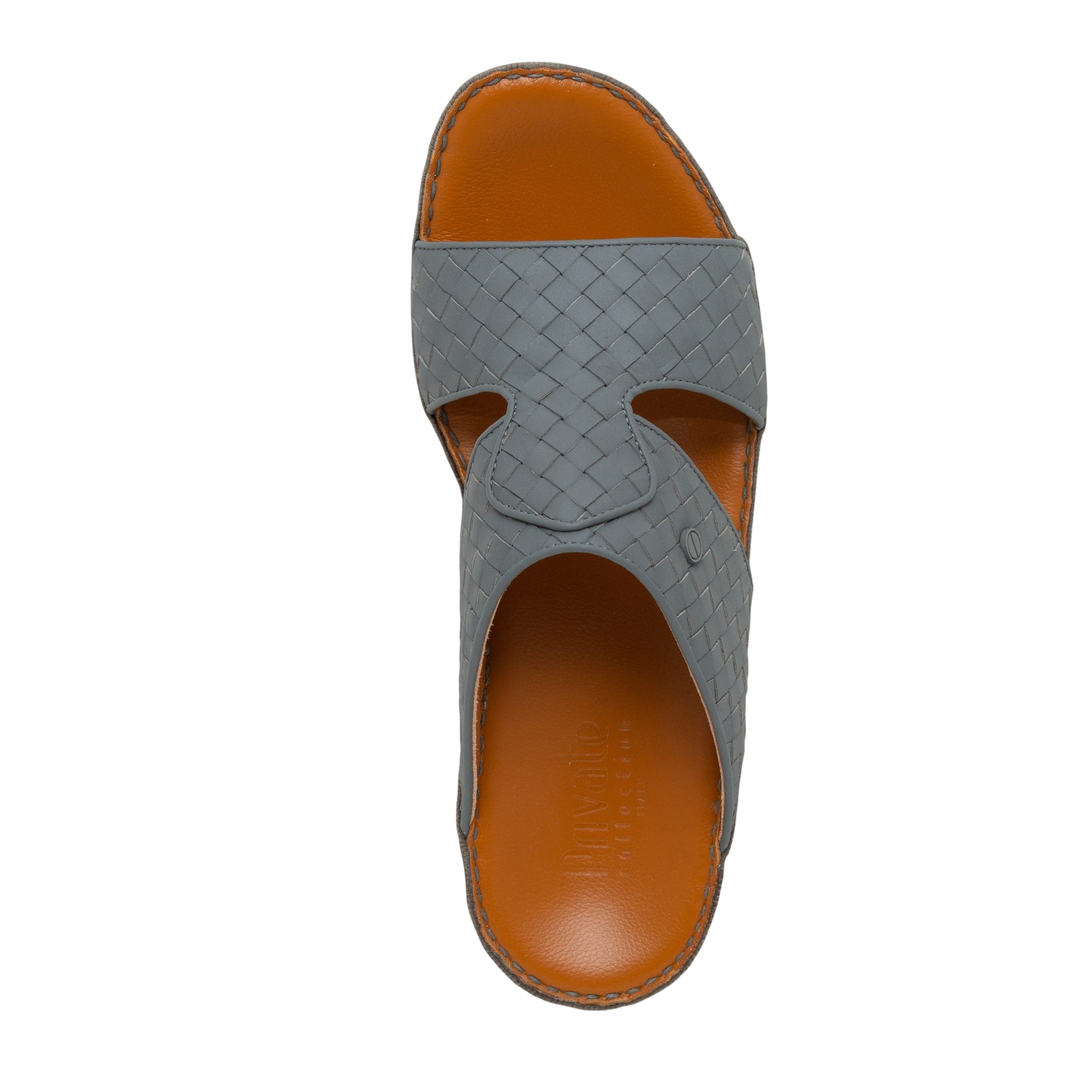 Gray woven leather Peninsula Trecce sandals with orange cushioned footbed and slip-on design