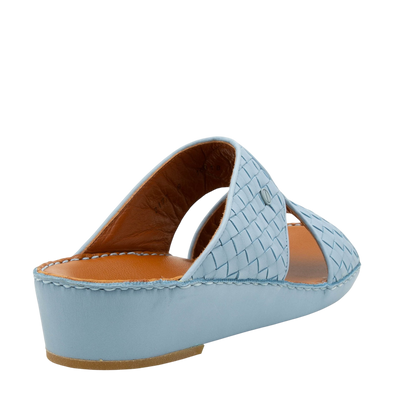 Light blue Peninsula Trecce sandals with woven design and low wedge heel for comfortable wear