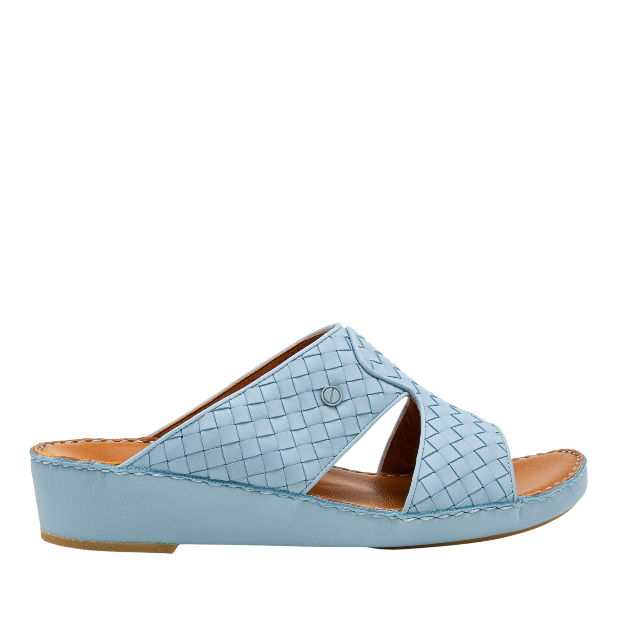 Light blue Peninsula Trecce sandals with woven leather upper and comfortable wedge sole
