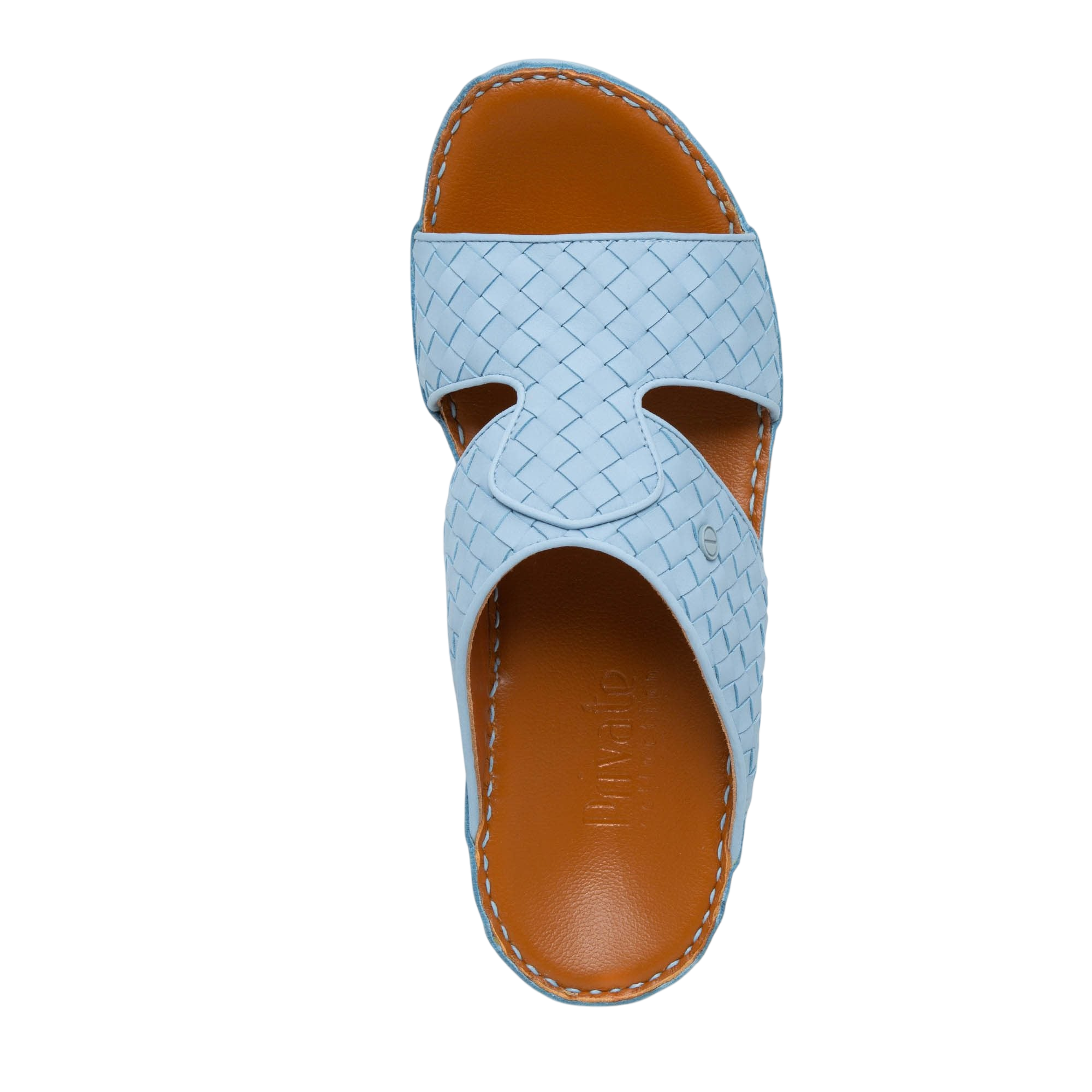 Light blue Peninsula Trecce sandals with woven leather straps and brown cushioned footbed