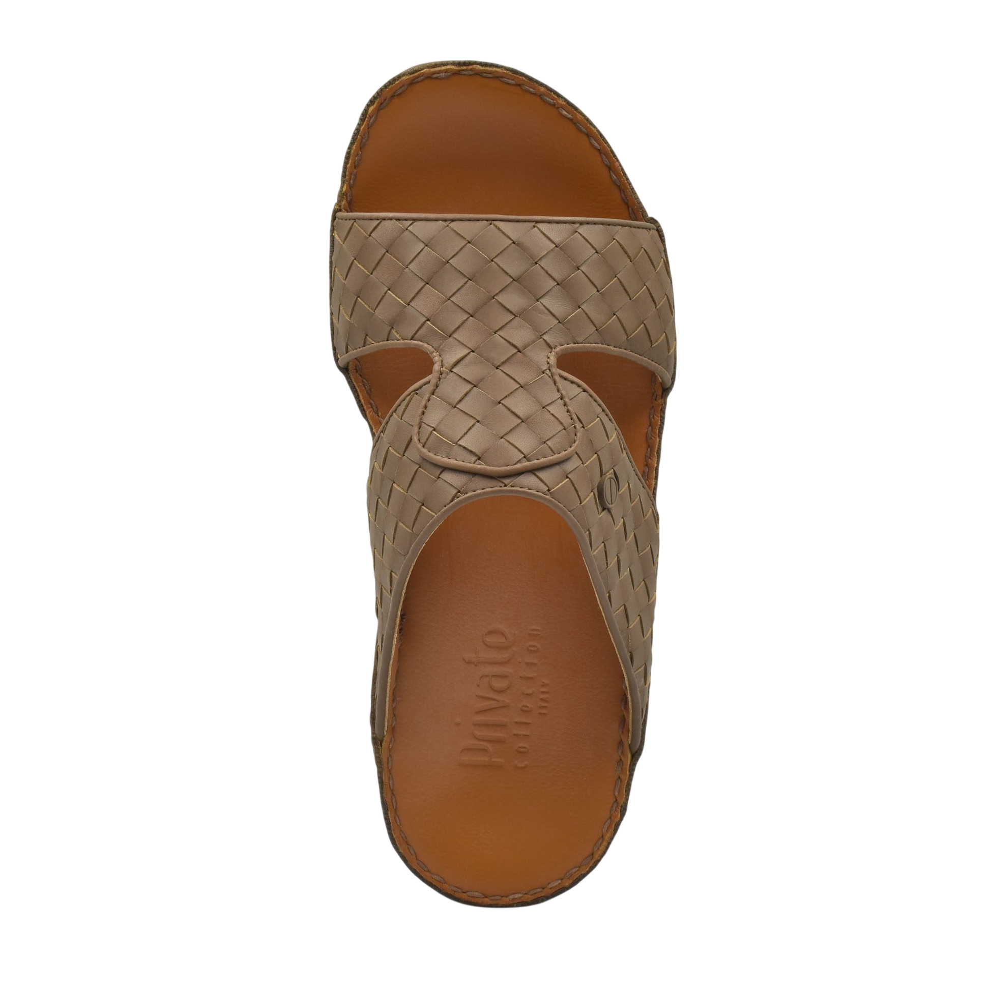 Top view of beige Peninsula Trecce sandals with woven strap design and brown footbed