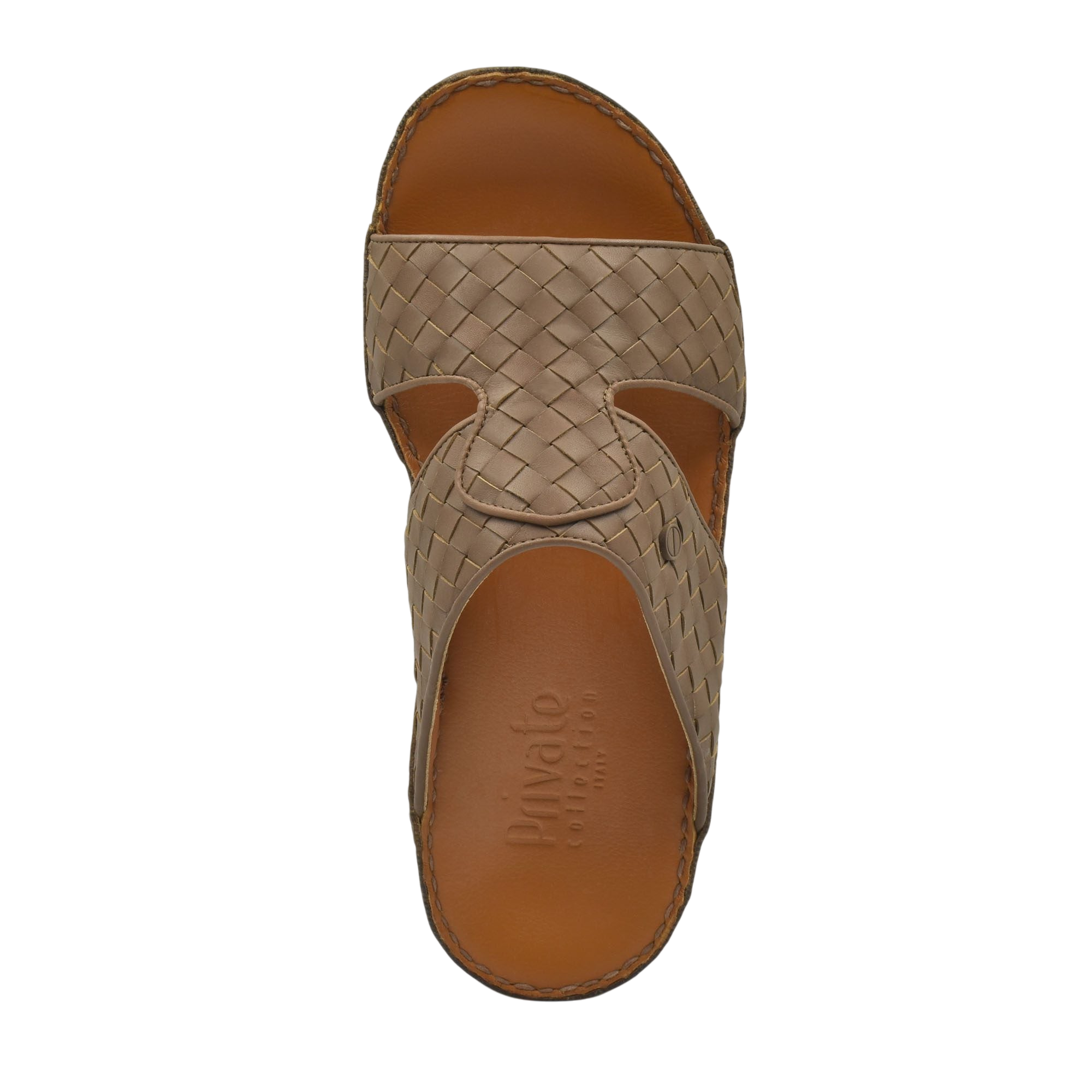 Top view of beige Peninsula Trecce sandals with woven strap design and brown footbed