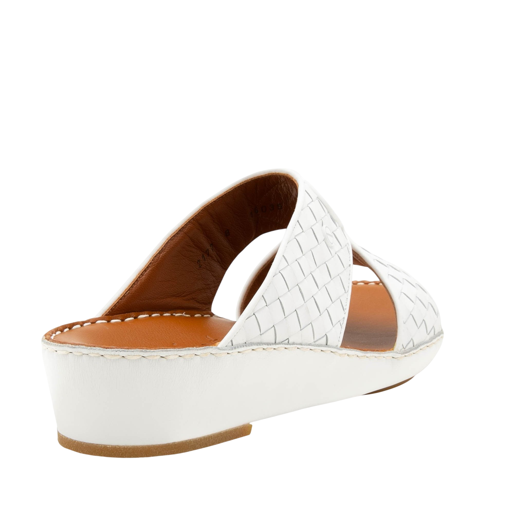 White woven leather Peninsula Trecce sandals with low wedge heel and tan cushioned insole