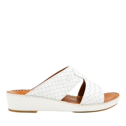White Peninsula Trecce sandals with woven leather straps and low wedge sole for comfortable wear