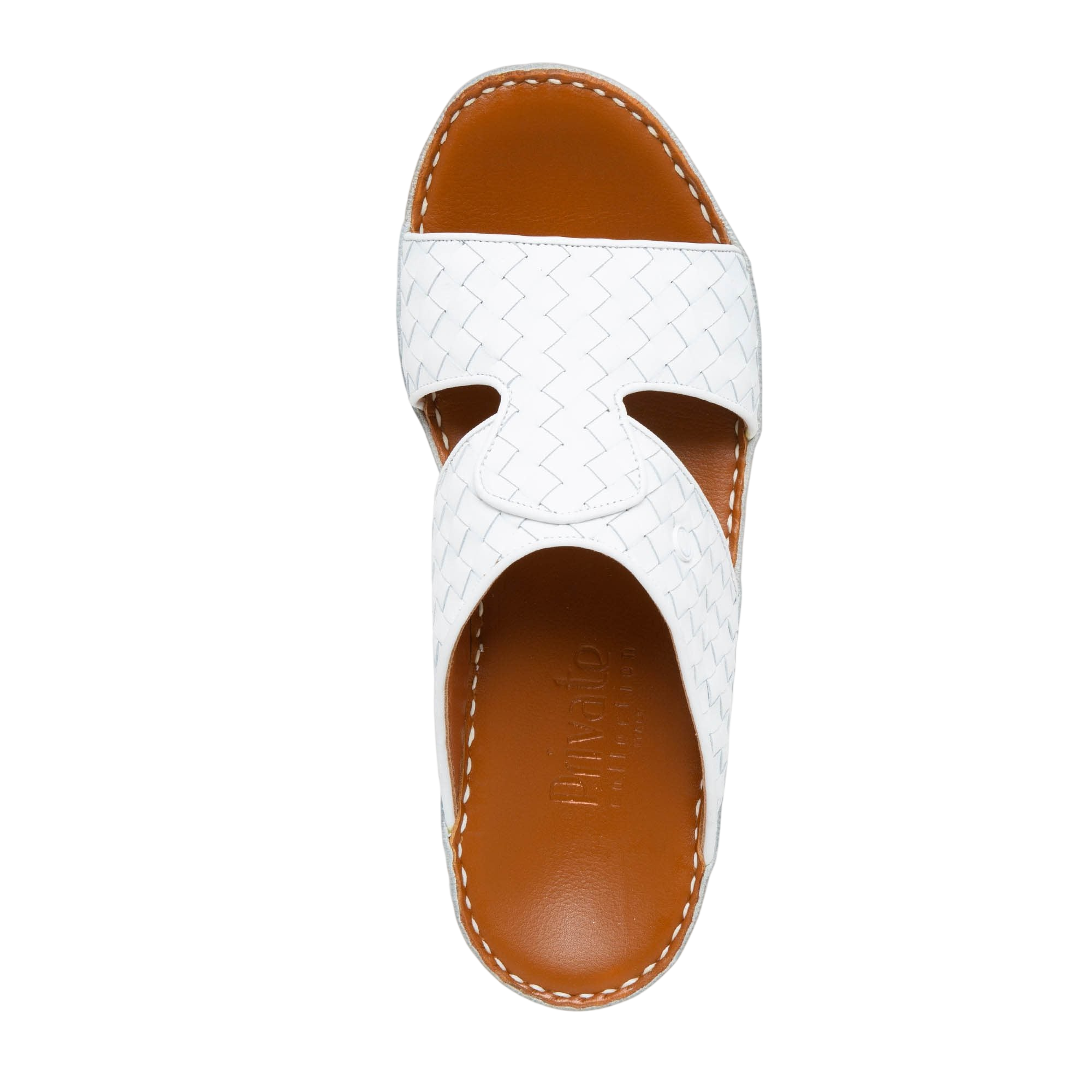 White Peninsula Trecce sandals with woven leather straps and brown cushioned footbed for comfort