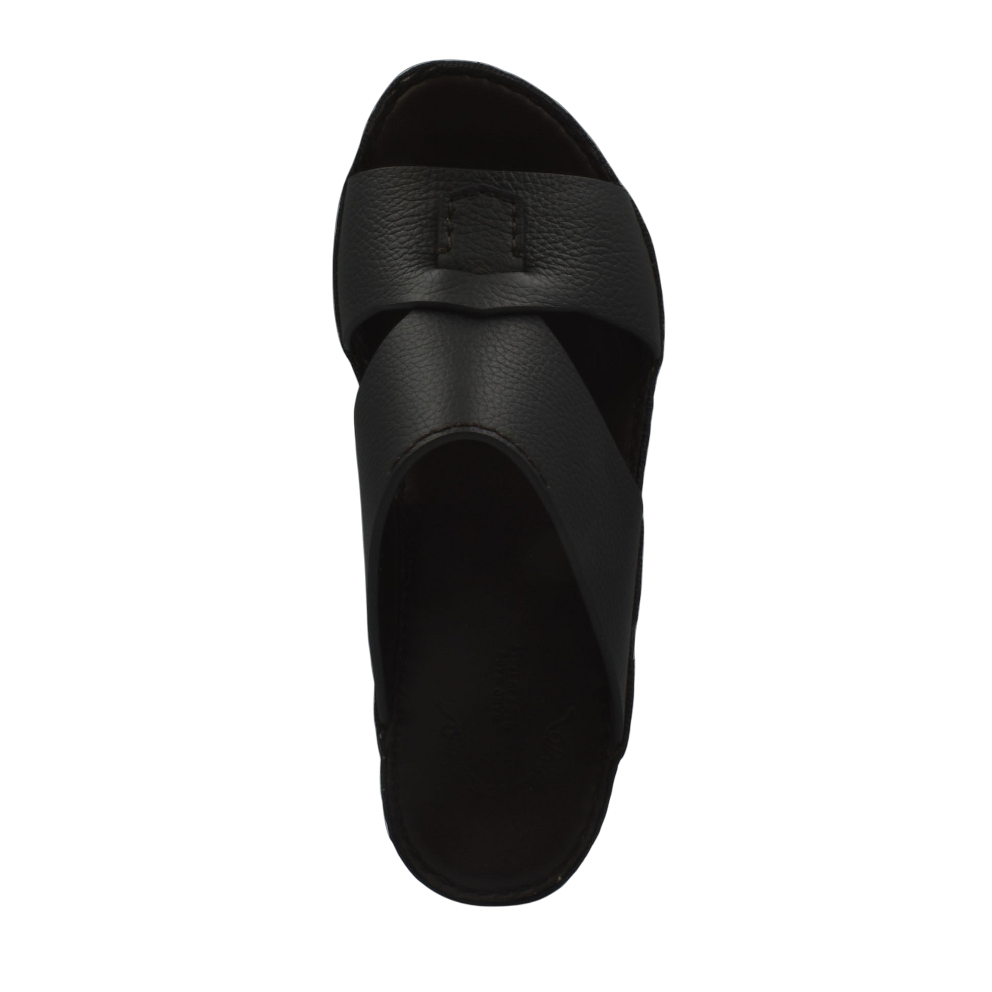 Top view of black leather Piega Nuovo sandals with wide crisscross straps for men