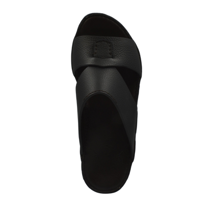 Top view of black leather Piega Nuovo sandals with wide crisscross straps for men