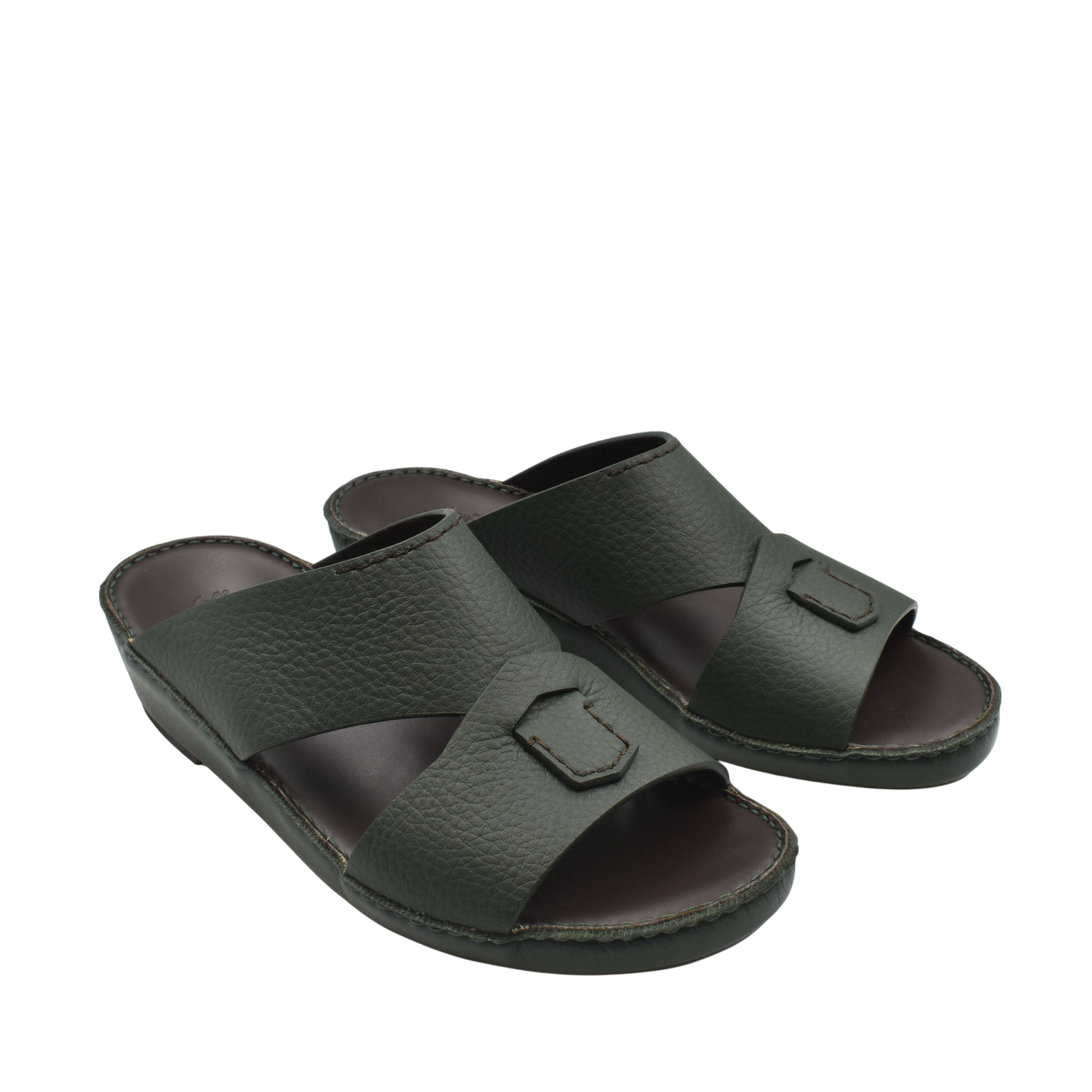 Pair of dark green Piega Nuovo sandals with wide textured straps and cushioned footbed