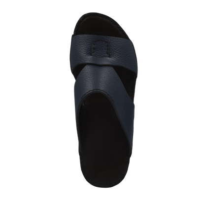 Top view of black Piega Nuovo sandals with wide textured straps and cushioned sole