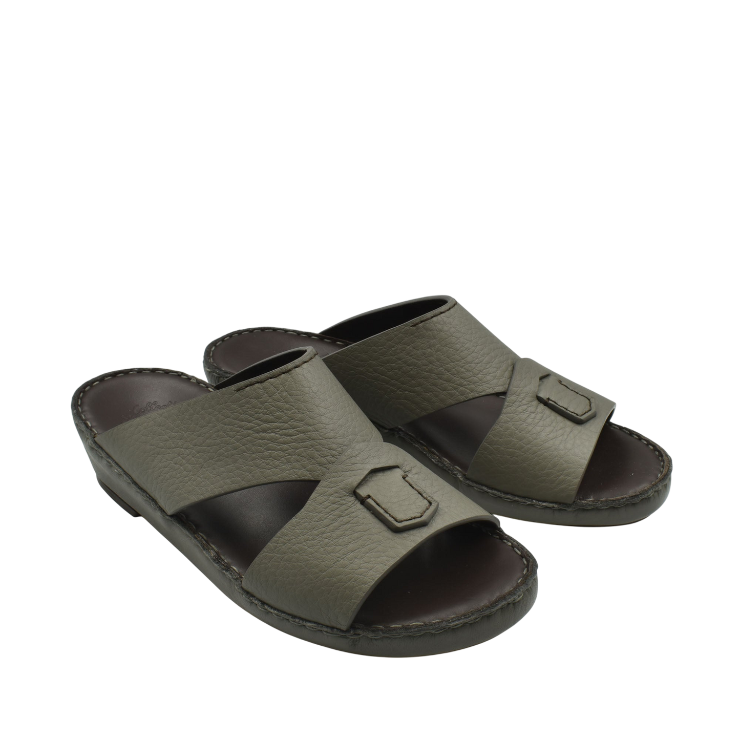 Pair of olive green Piega Nuovo sandals with wide leather straps and cushioned footbed