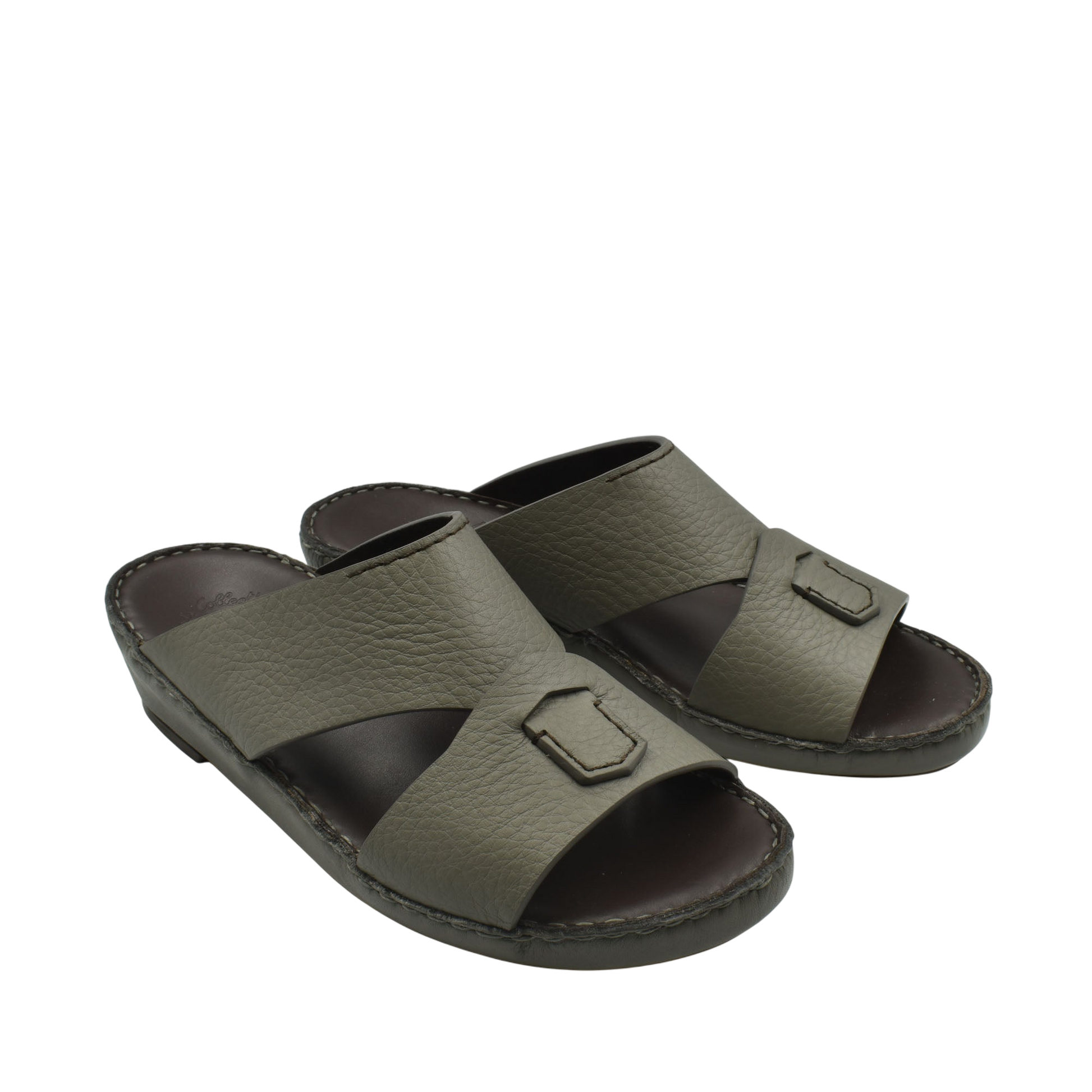 Pair of olive green Piega Nuovo sandals with wide leather straps and cushioned footbed