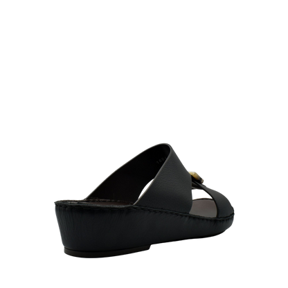 Black slide sandal with cushioned sole and buckle detail premium Deercalf footwear