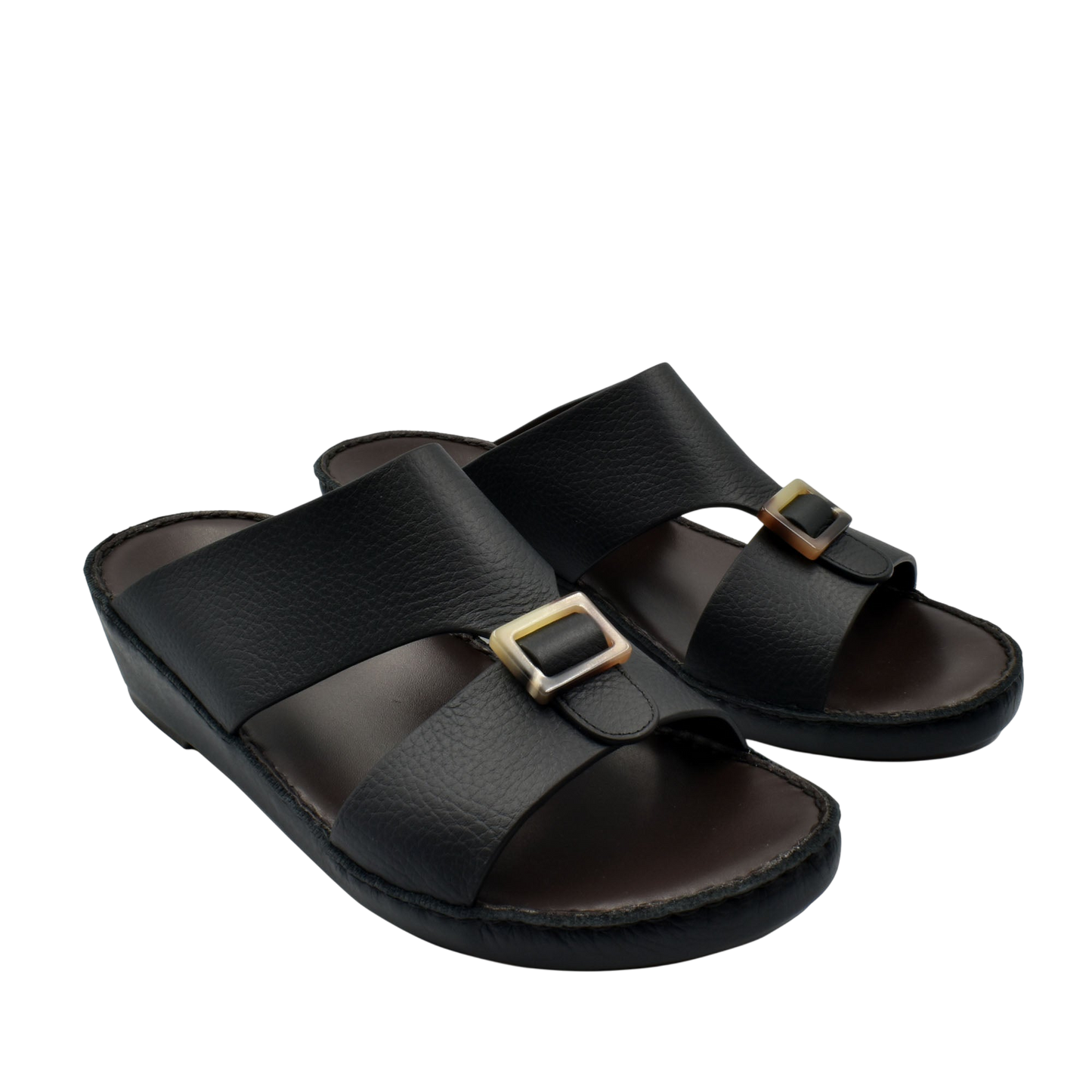Black leather slide sandals with buckle detail premium Deercalf footwear from Private Collection