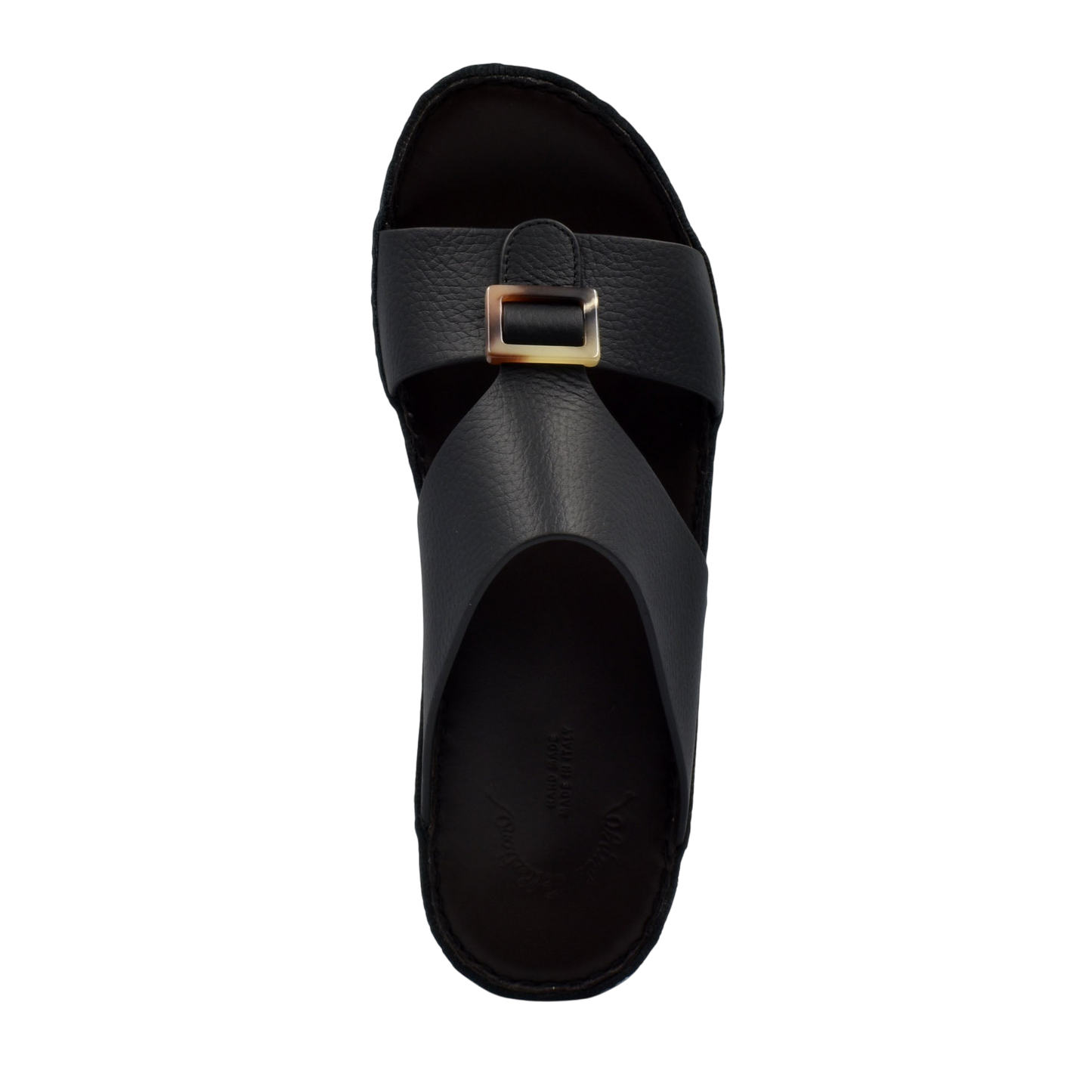 Black leather sandal with gold buckle from premium Deercalf footwear collection