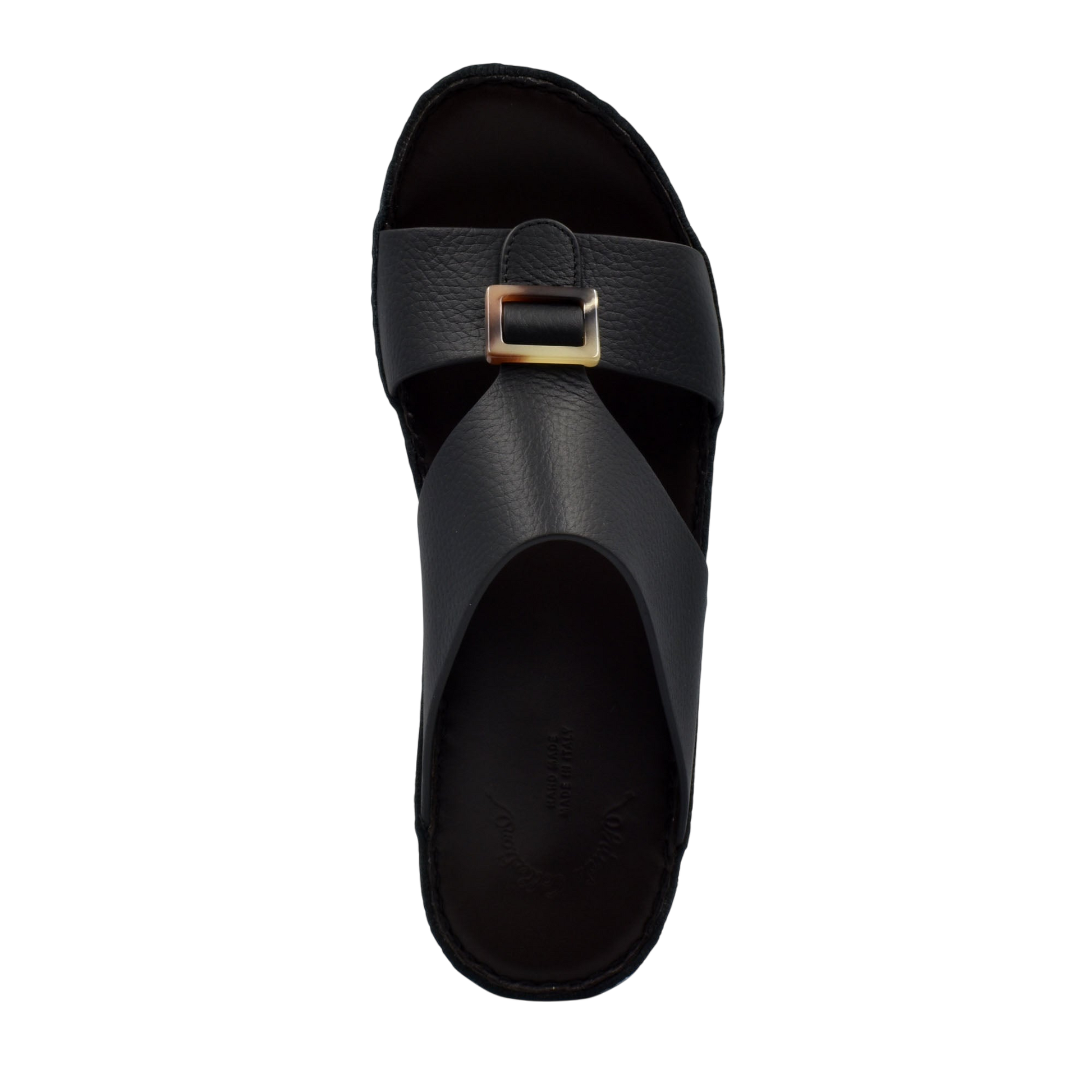 Black leather sandal with gold buckle from premium Deercalf footwear collection
